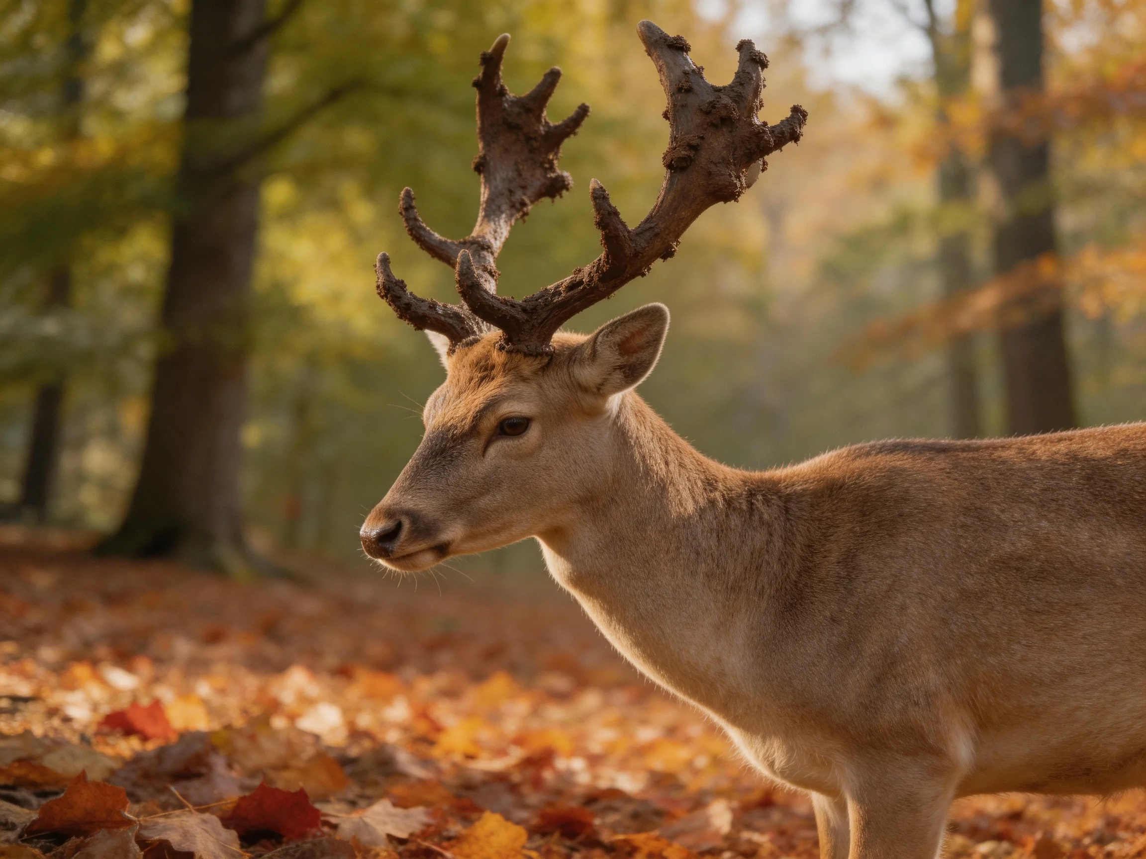 A deer with elaborate antlers in a sunlit autumn forest