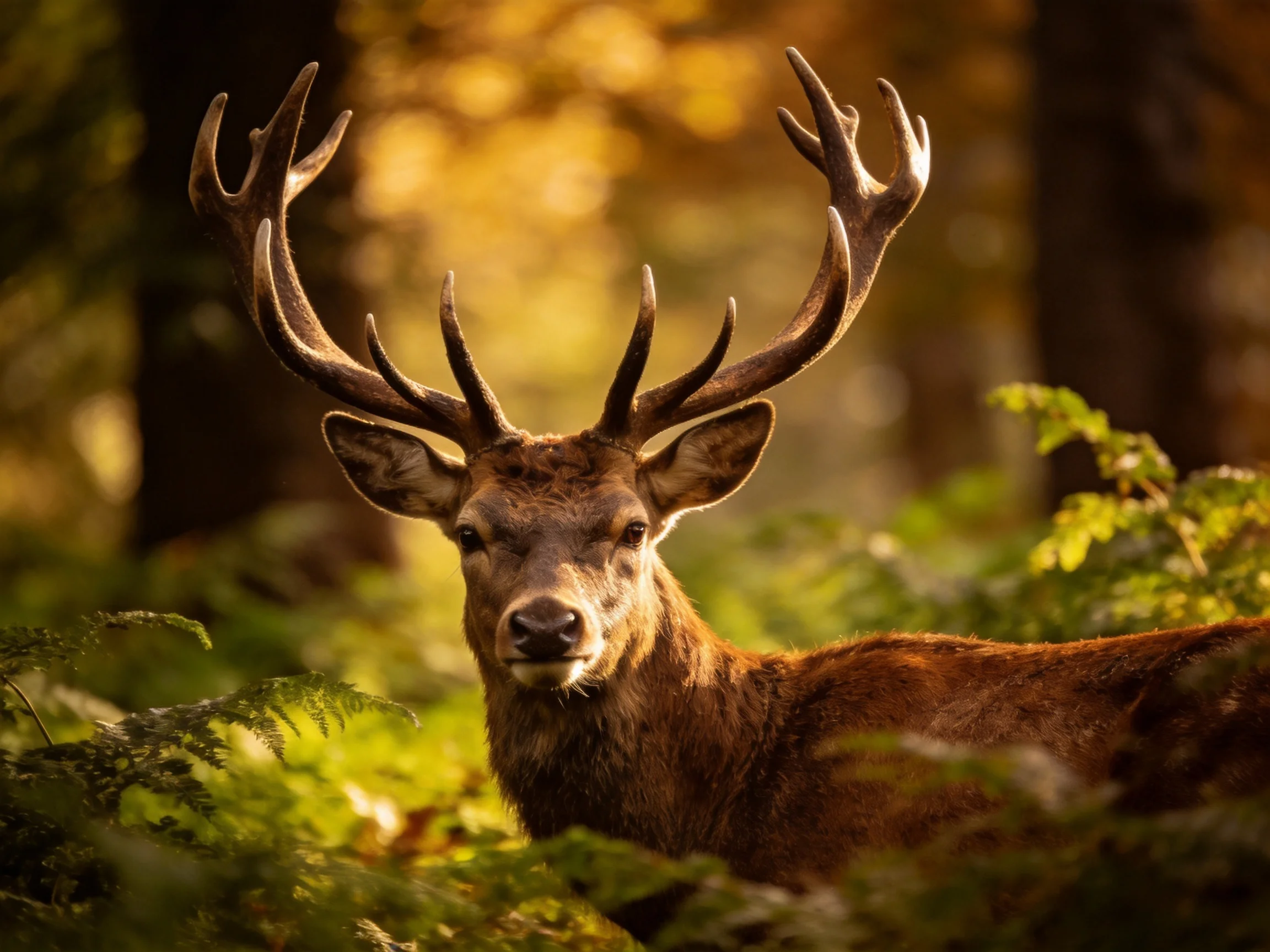 A deer with grand antlers in a sun-dappled forest glade