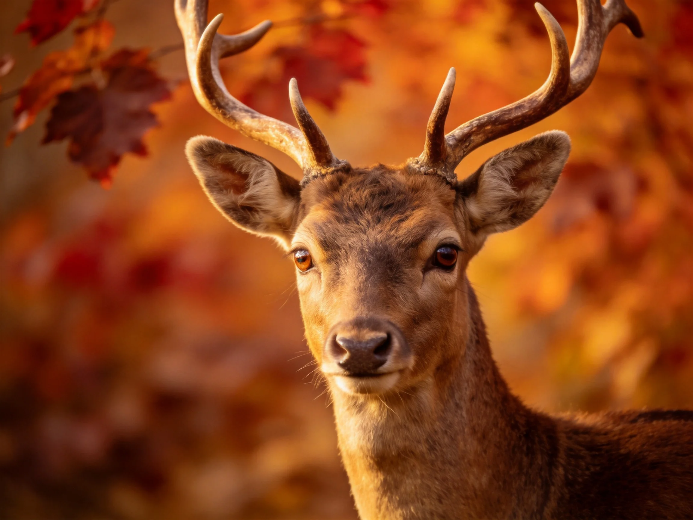 A deer with large antlers amidst vibrant autumn foliage