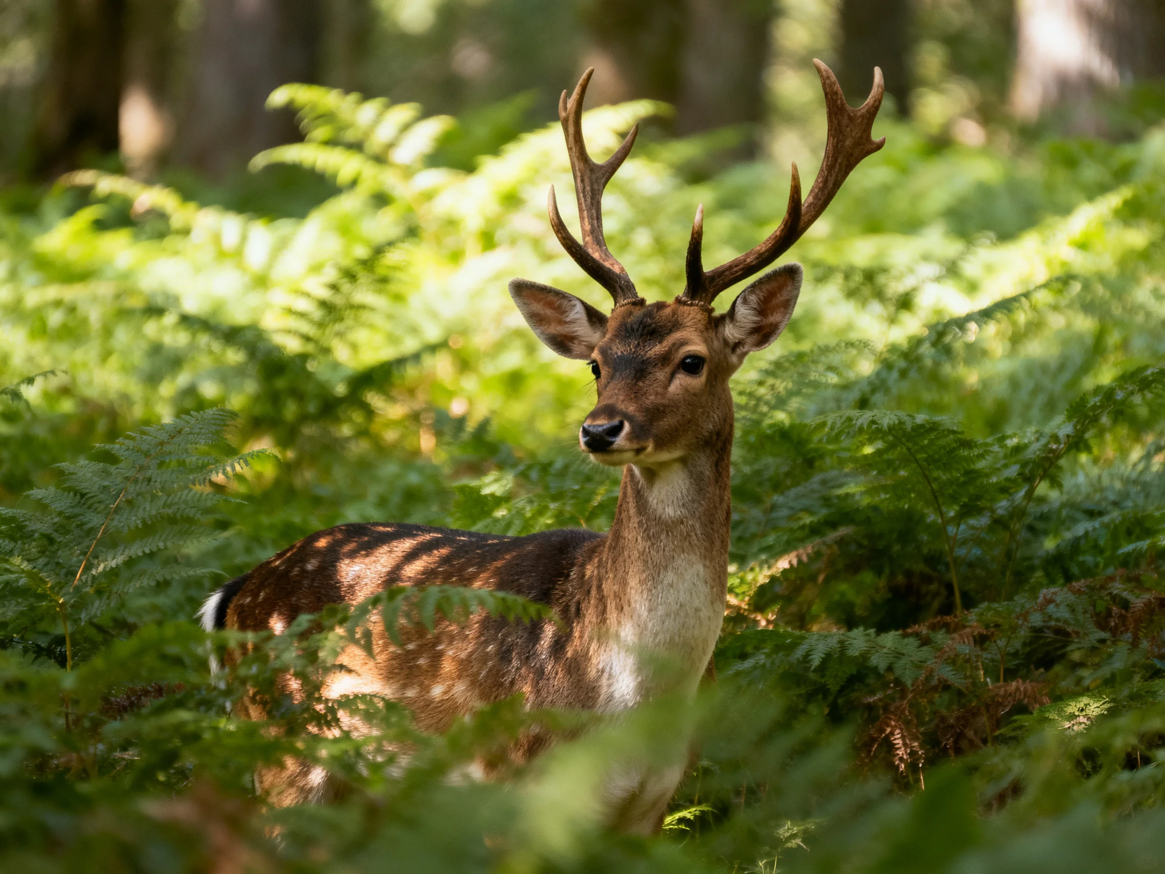A deer with large antlers among dense green ferns in a sunlit forest