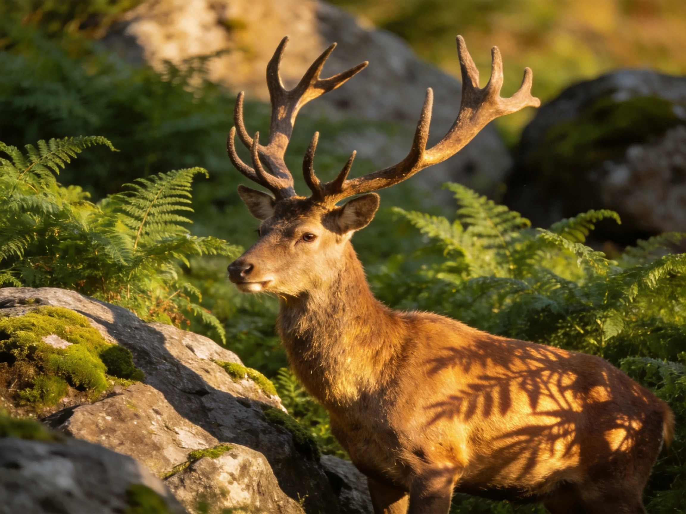 A deer with large antlers among mossy rocks and ferns