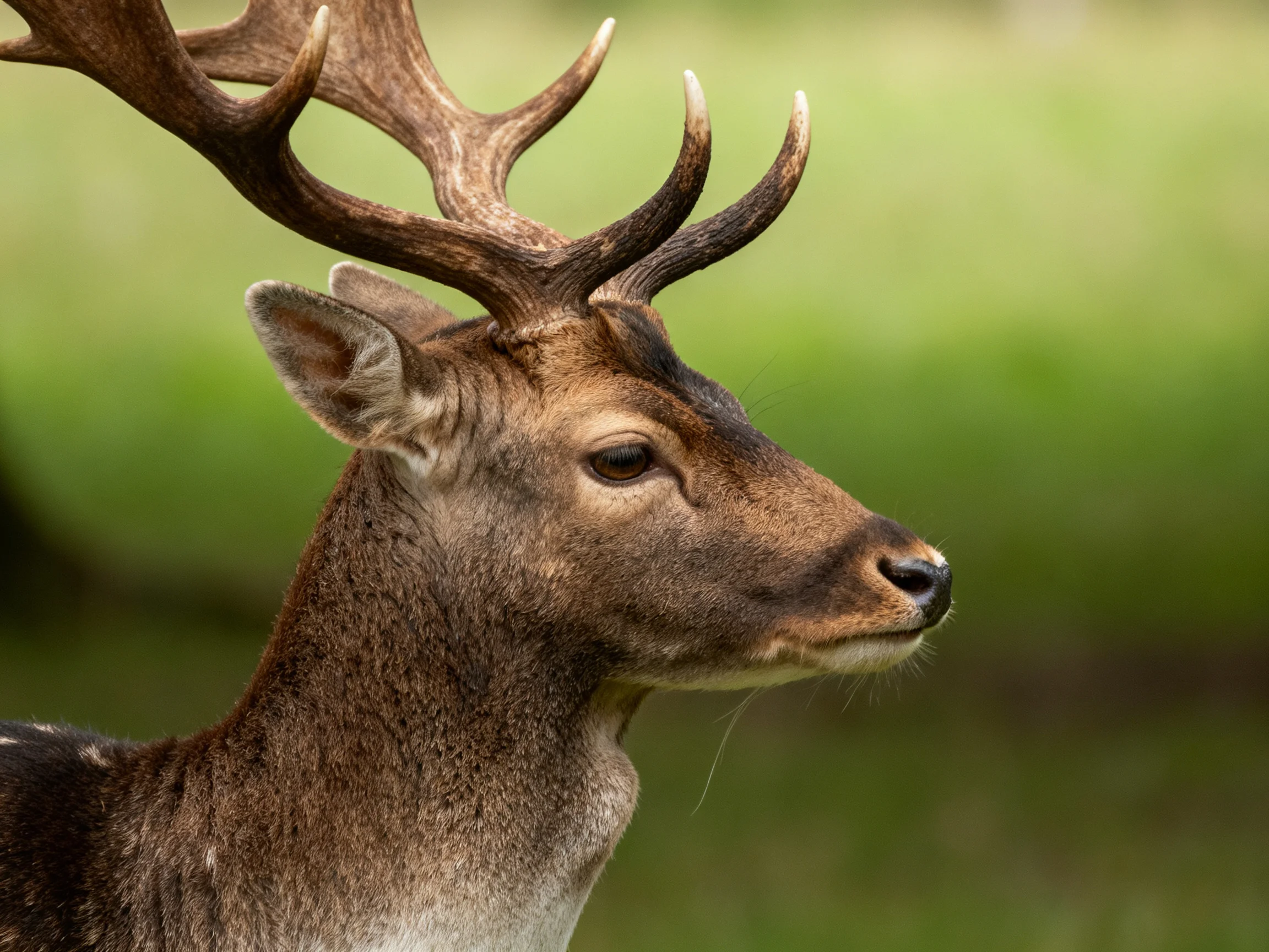 A deer with large antlers and brown fur in a green setting