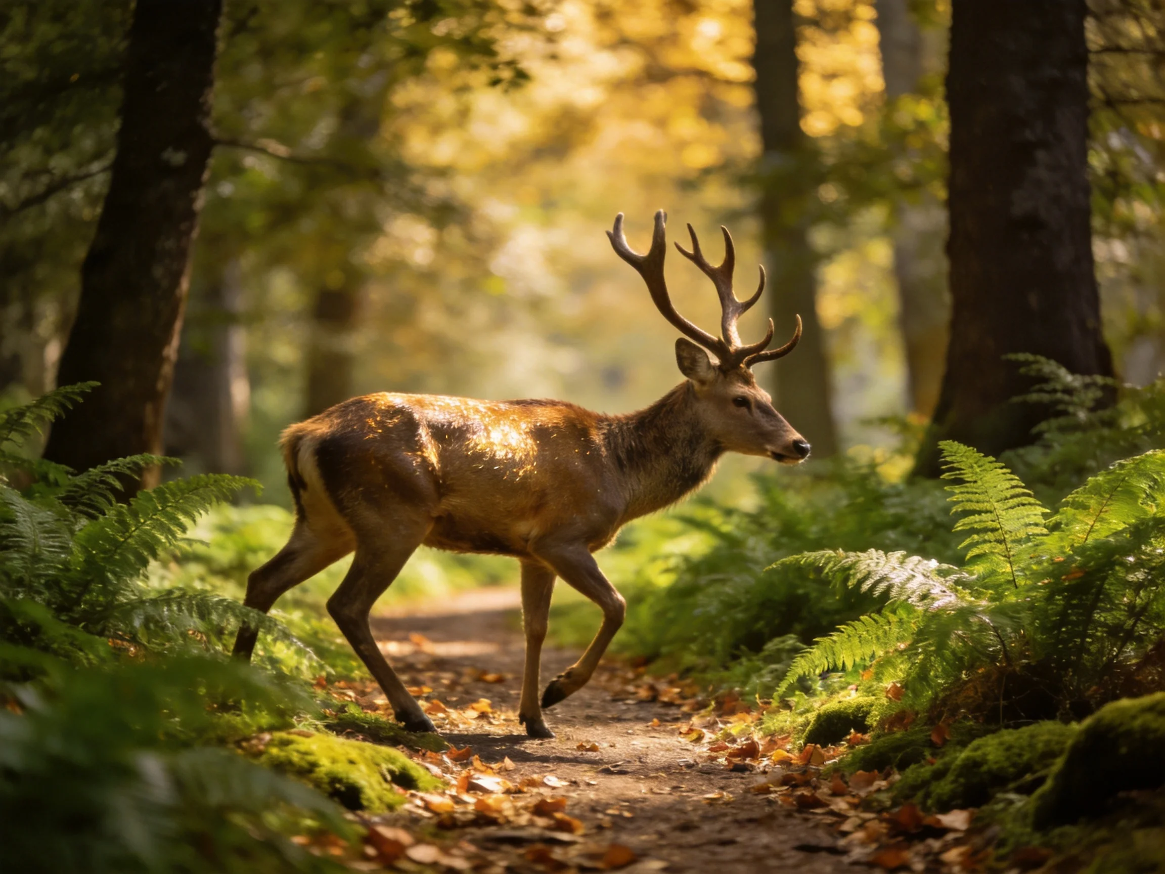 A deer with large antlers crosses a sunlit forest path