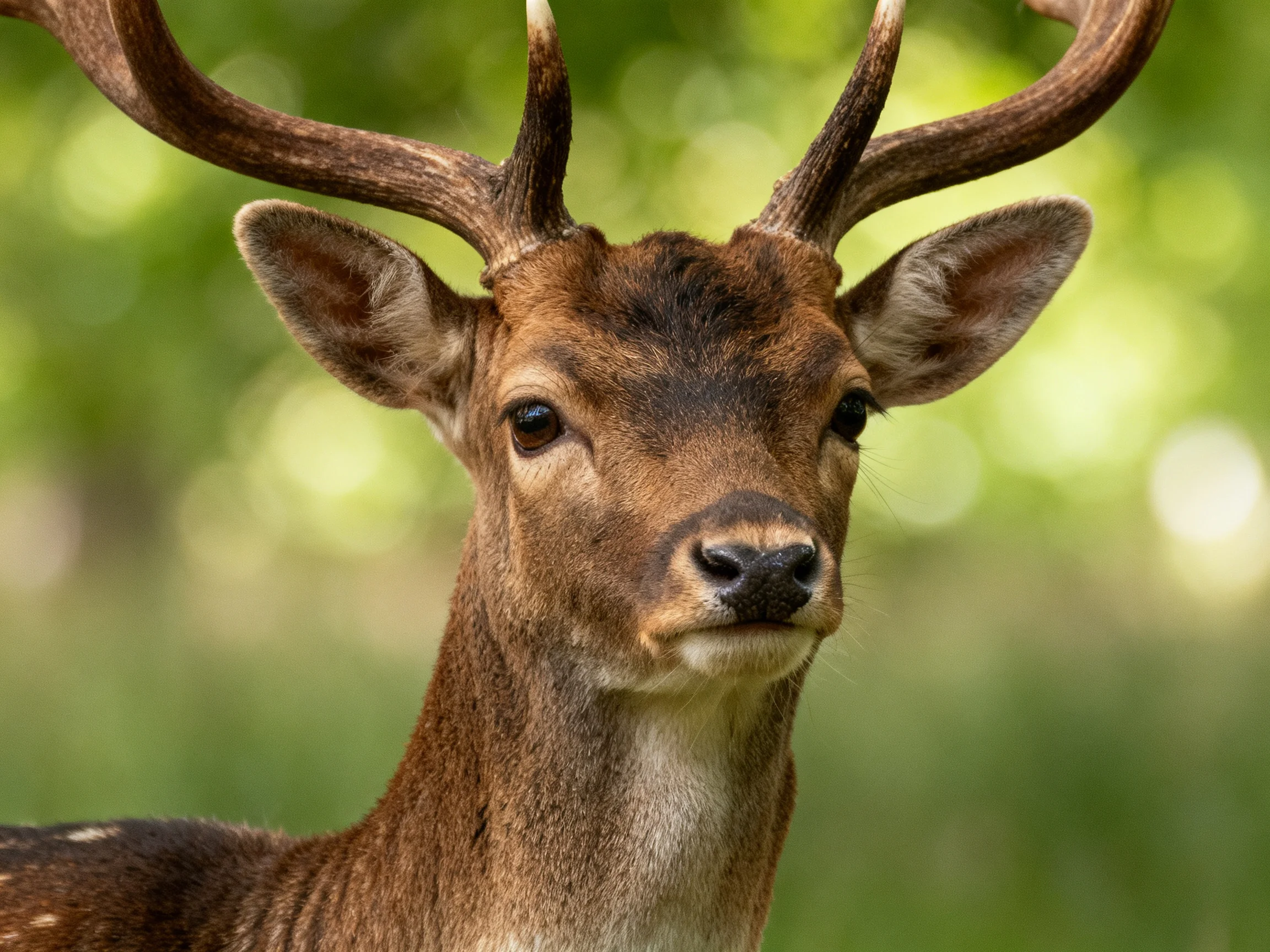 A deer with large antlers displays its brown coat amid a green forest backdrop