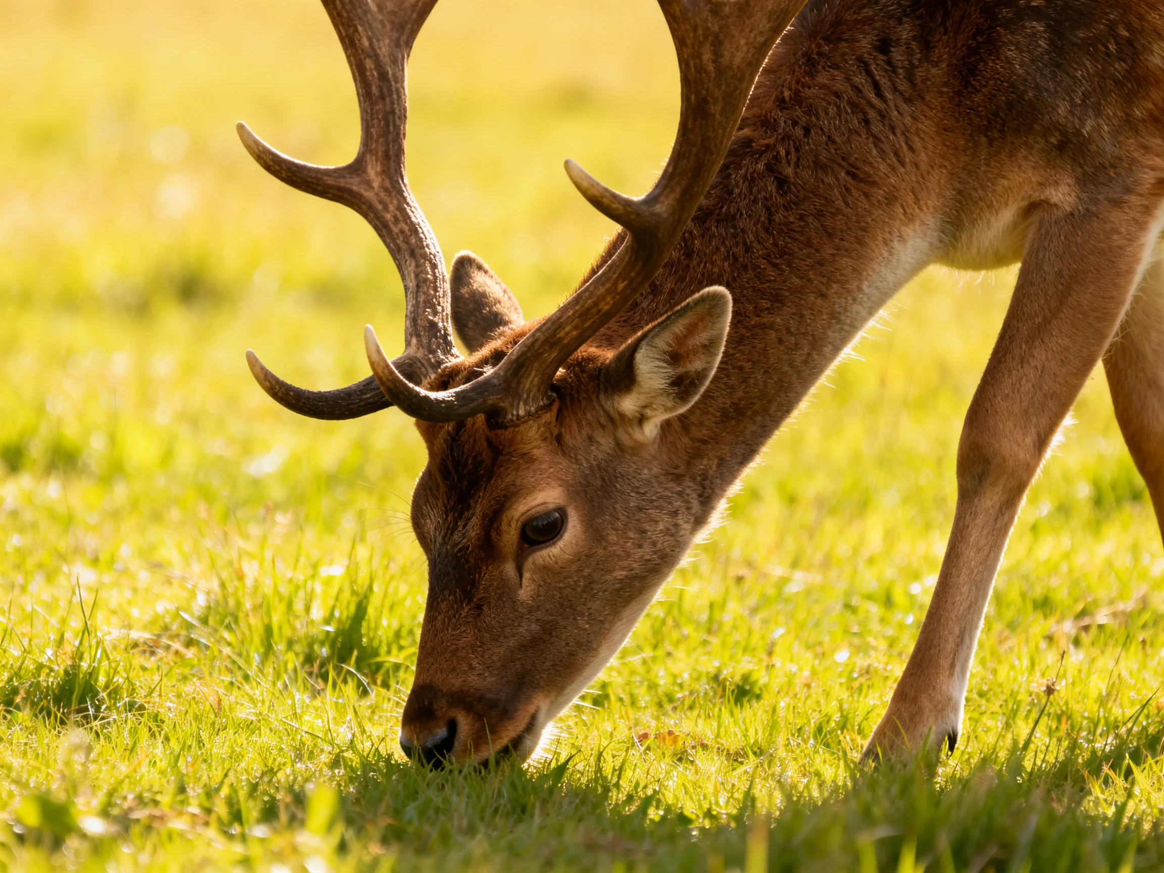 A deer with large antlers grazing in a sunlit meadow