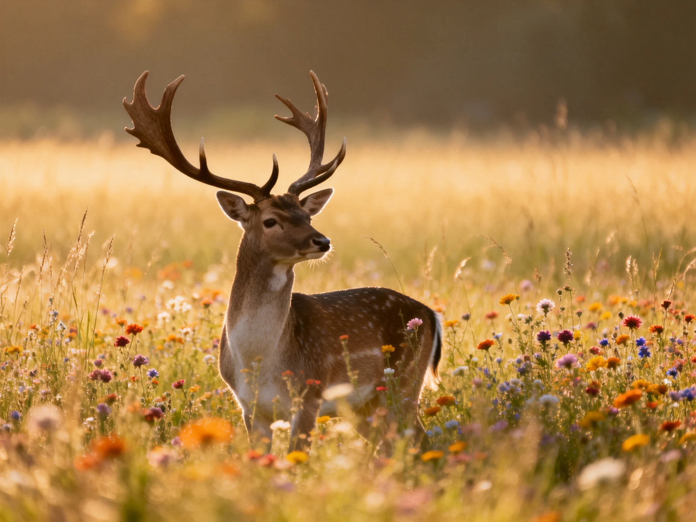 A deer with large antlers in a colorful wildflower meadow