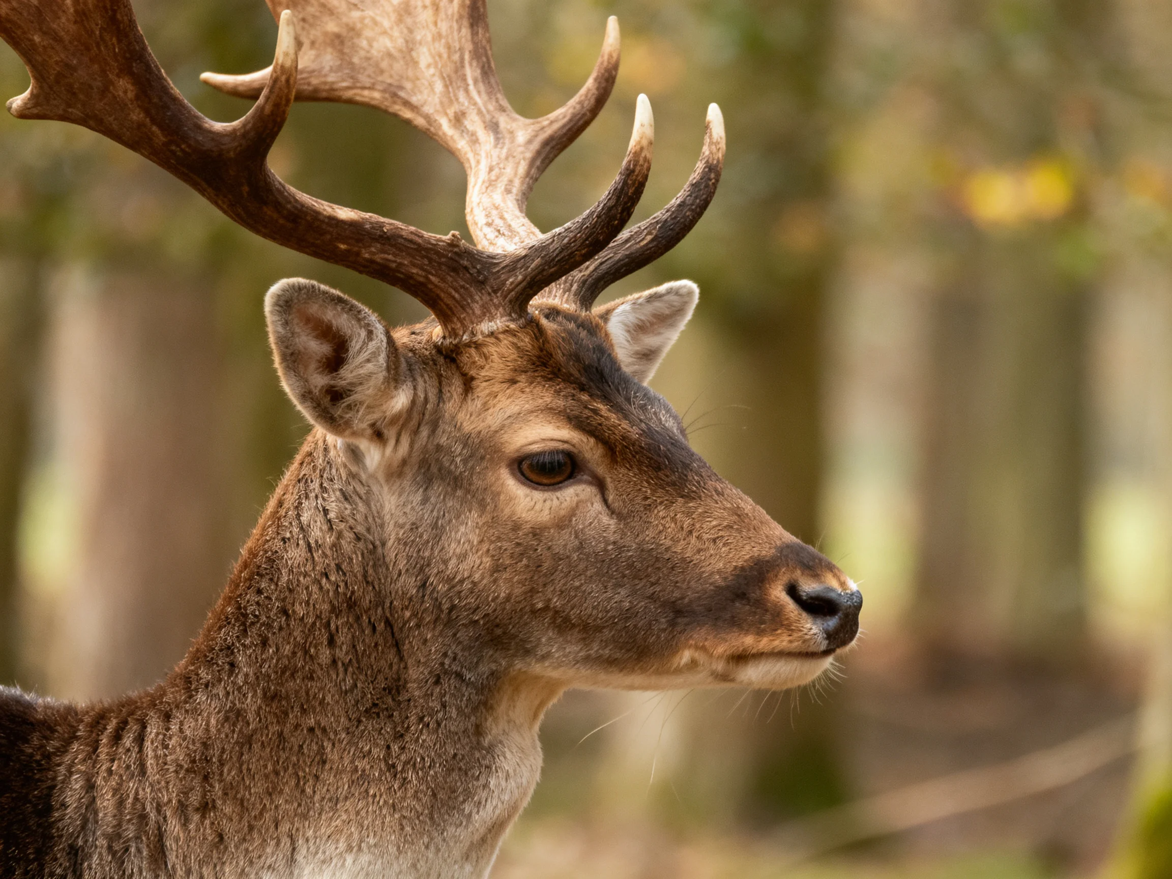A deer with large antlers in a forested area