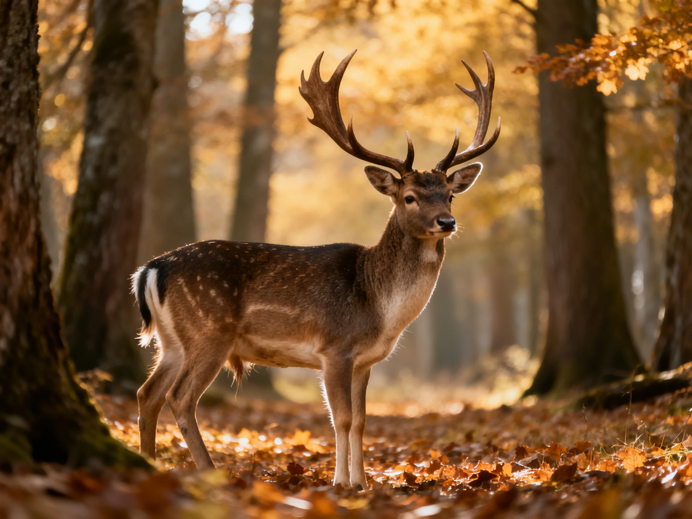 A deer with large antlers in a golden autumn forest