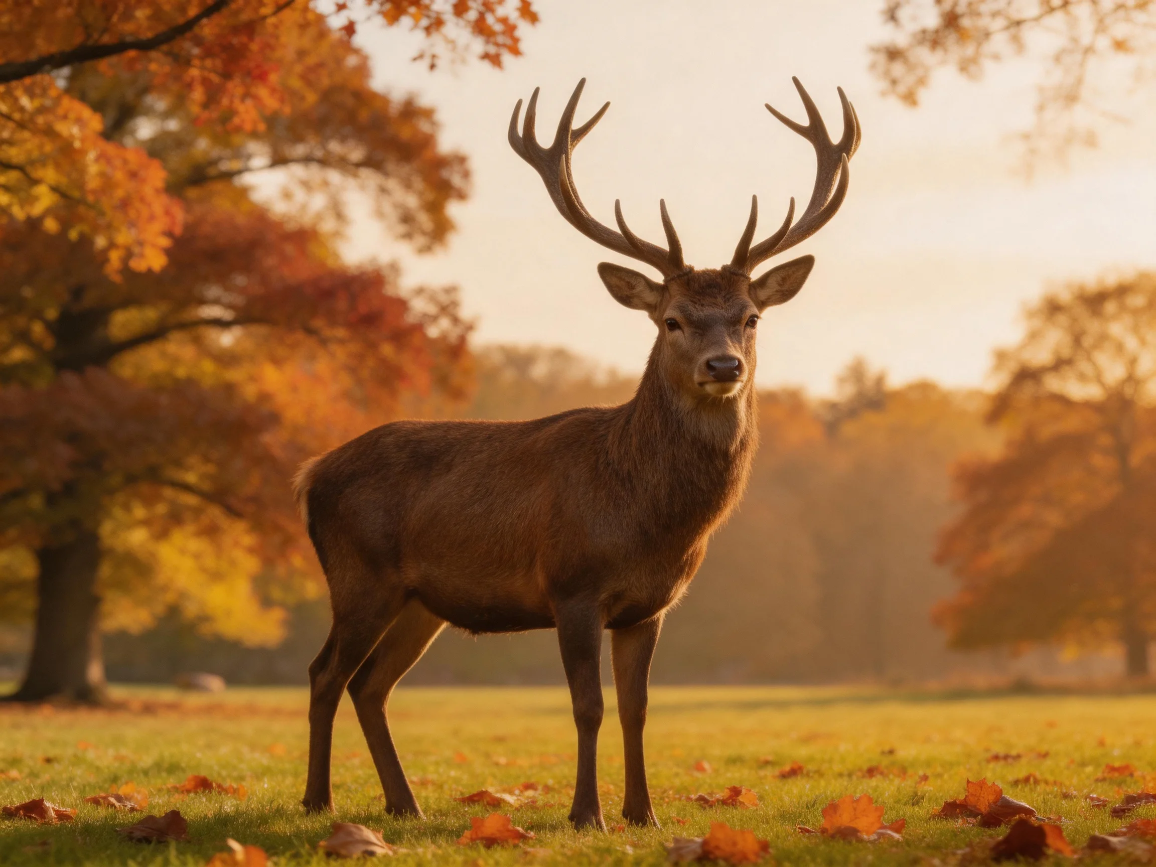 A deer with large antlers in a golden autumn meadow