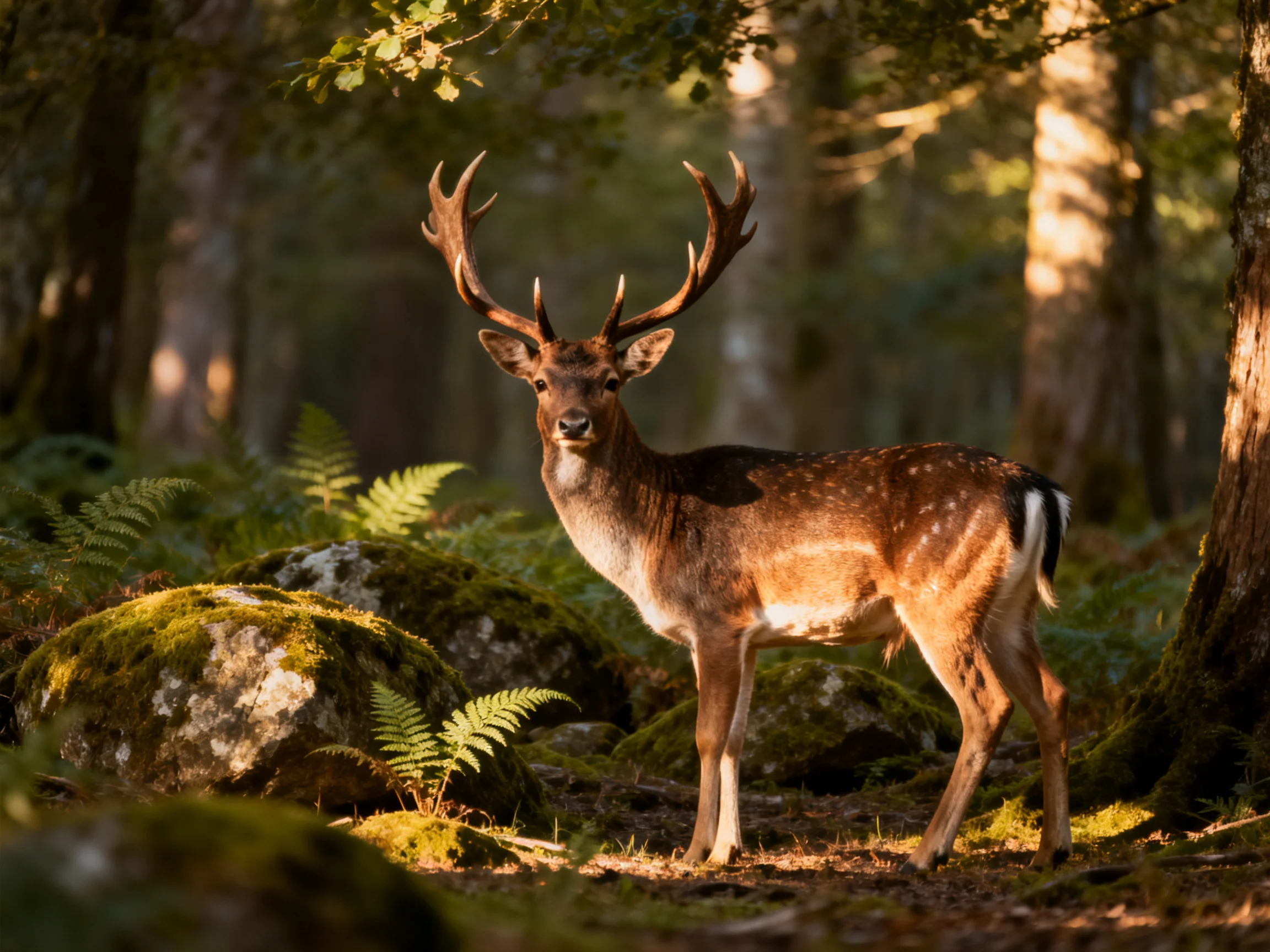 A deer with large antlers in a sun-dappled forest
