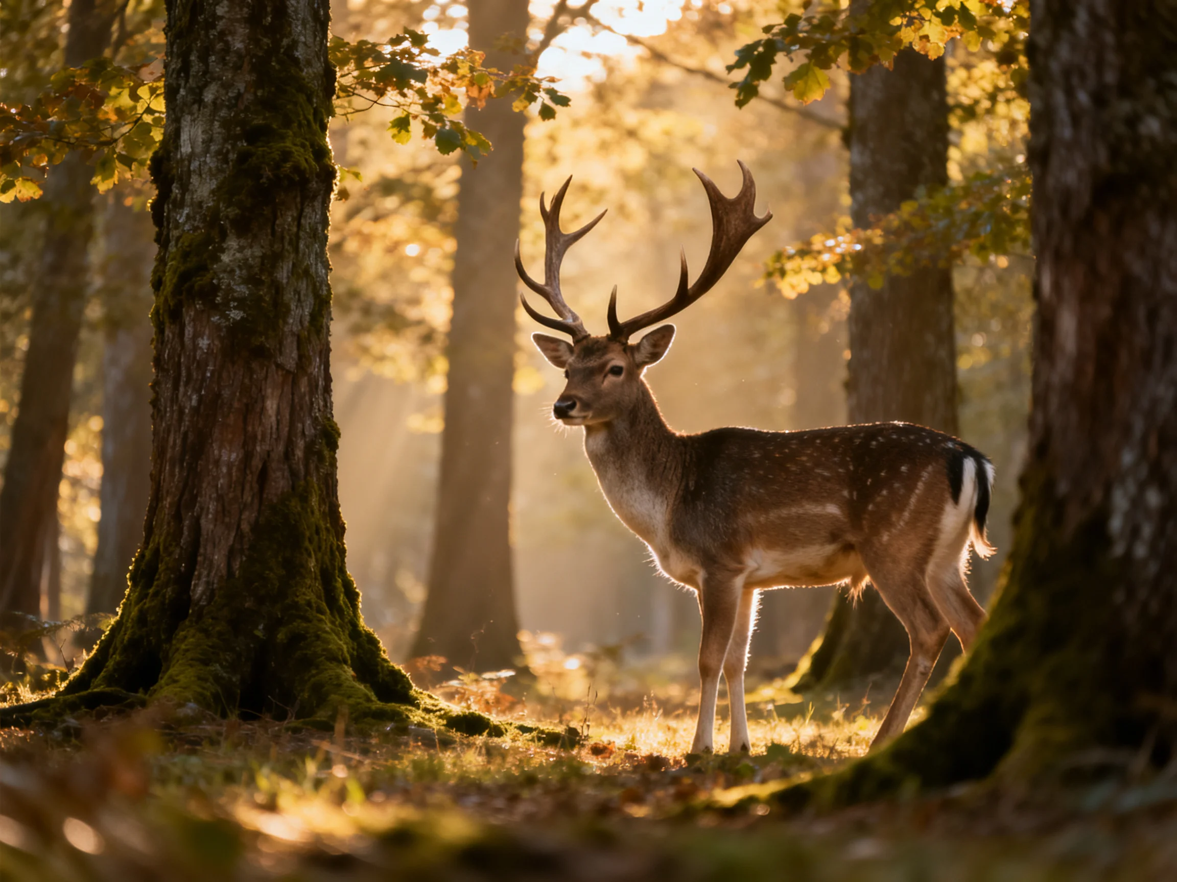 A deer with large antlers in a sun-dappled forest