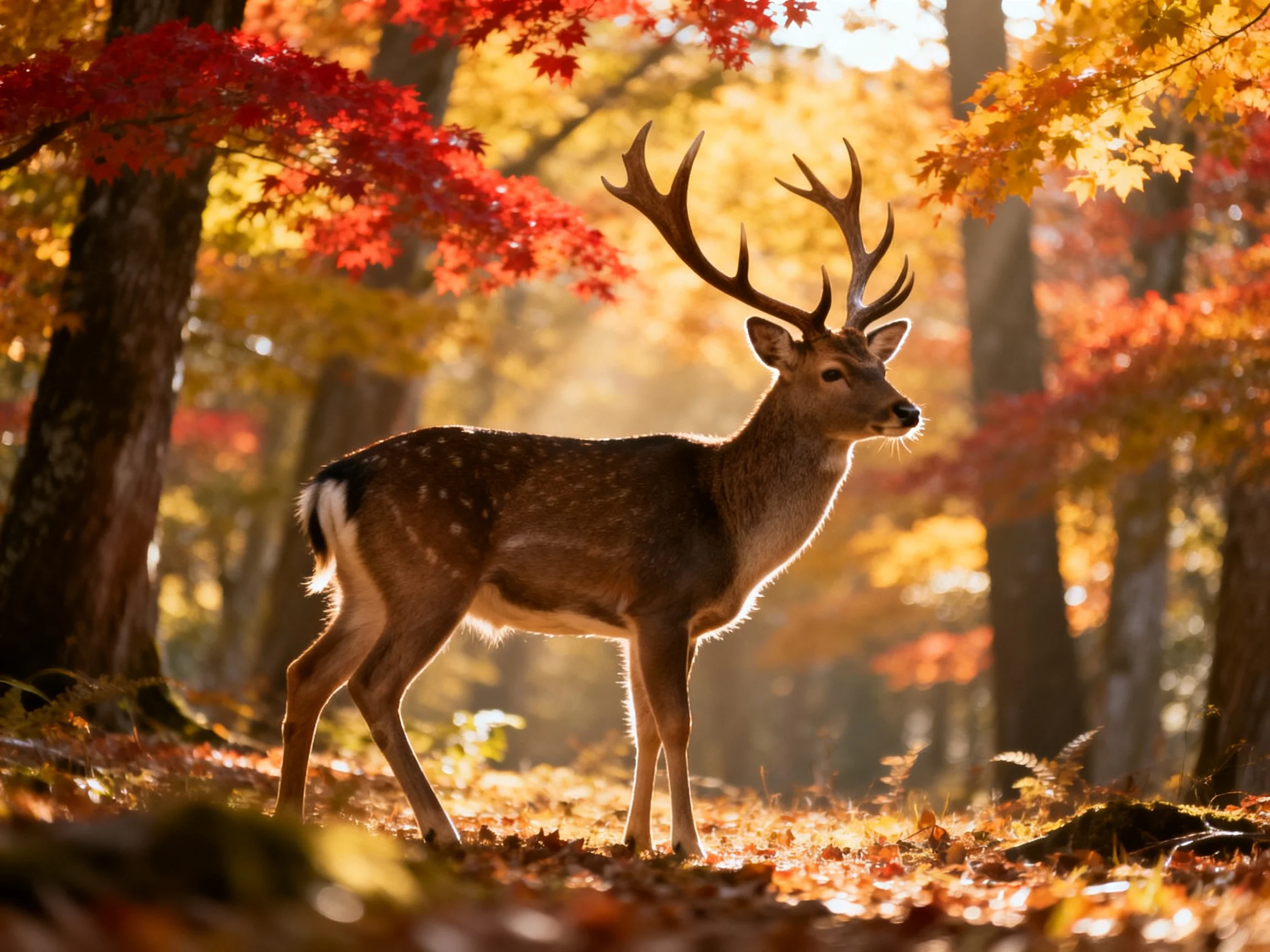 A deer with large antlers stands in a sunlit autumn forest.