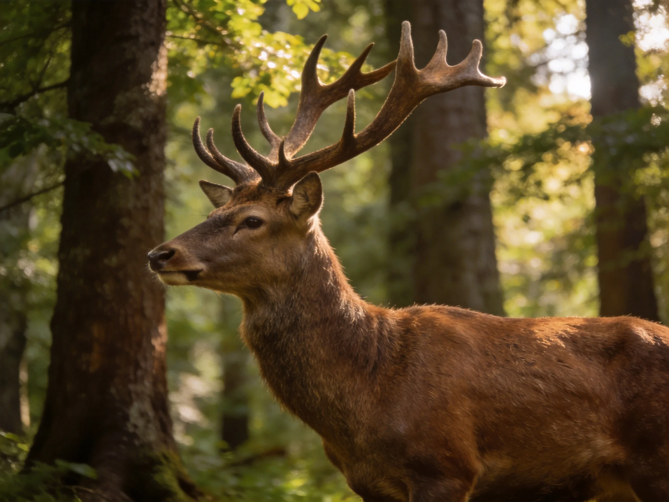 A deer with large antlers in a sunlit forest
