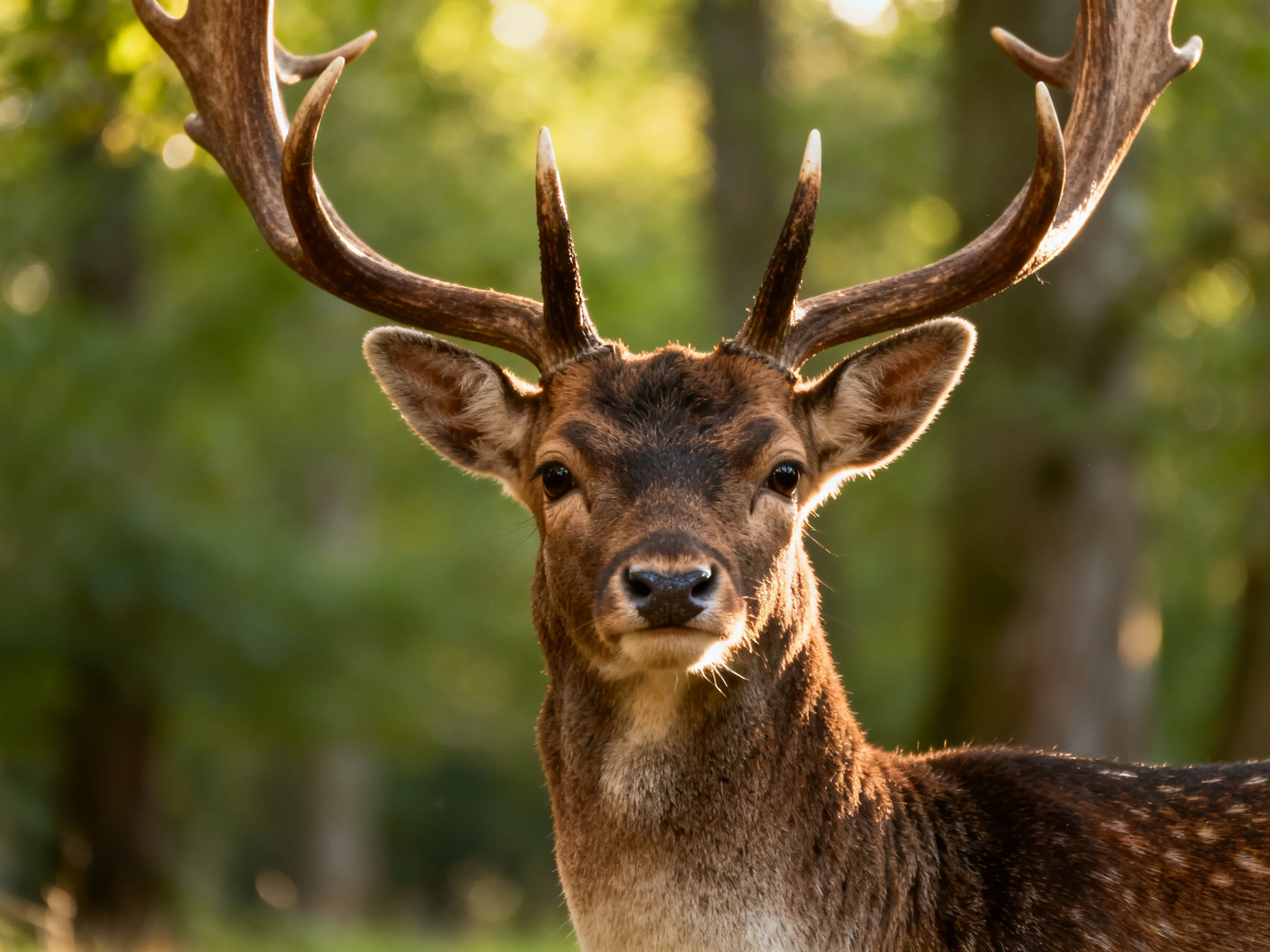 A deer with large antlers in a sunlit forest