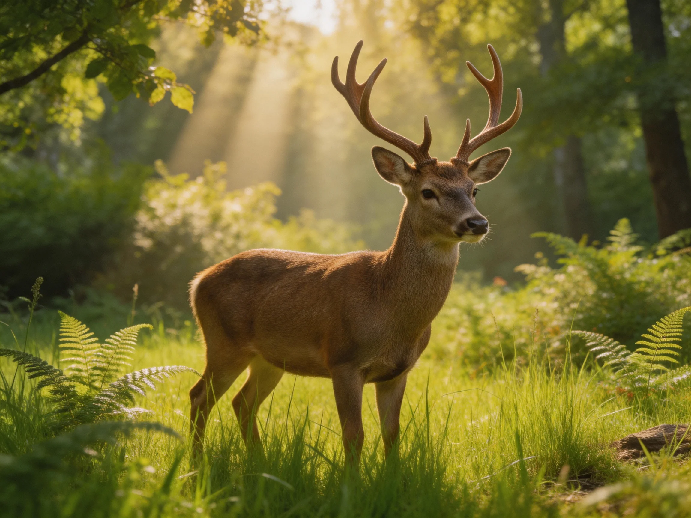 A deer with large antlers in a sunlit forest clearing
