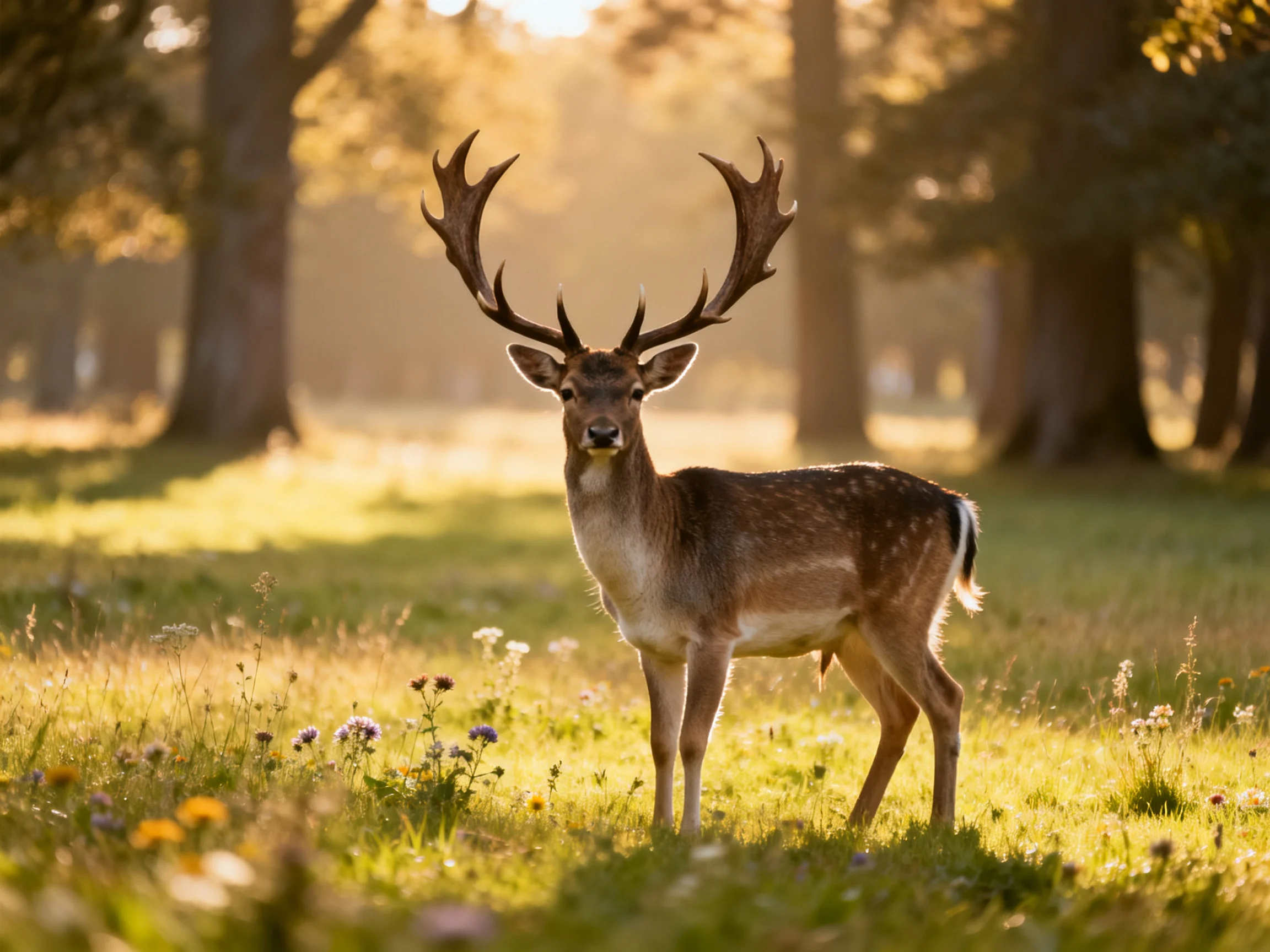 A deer with large antlers in a sunlit forest clearing