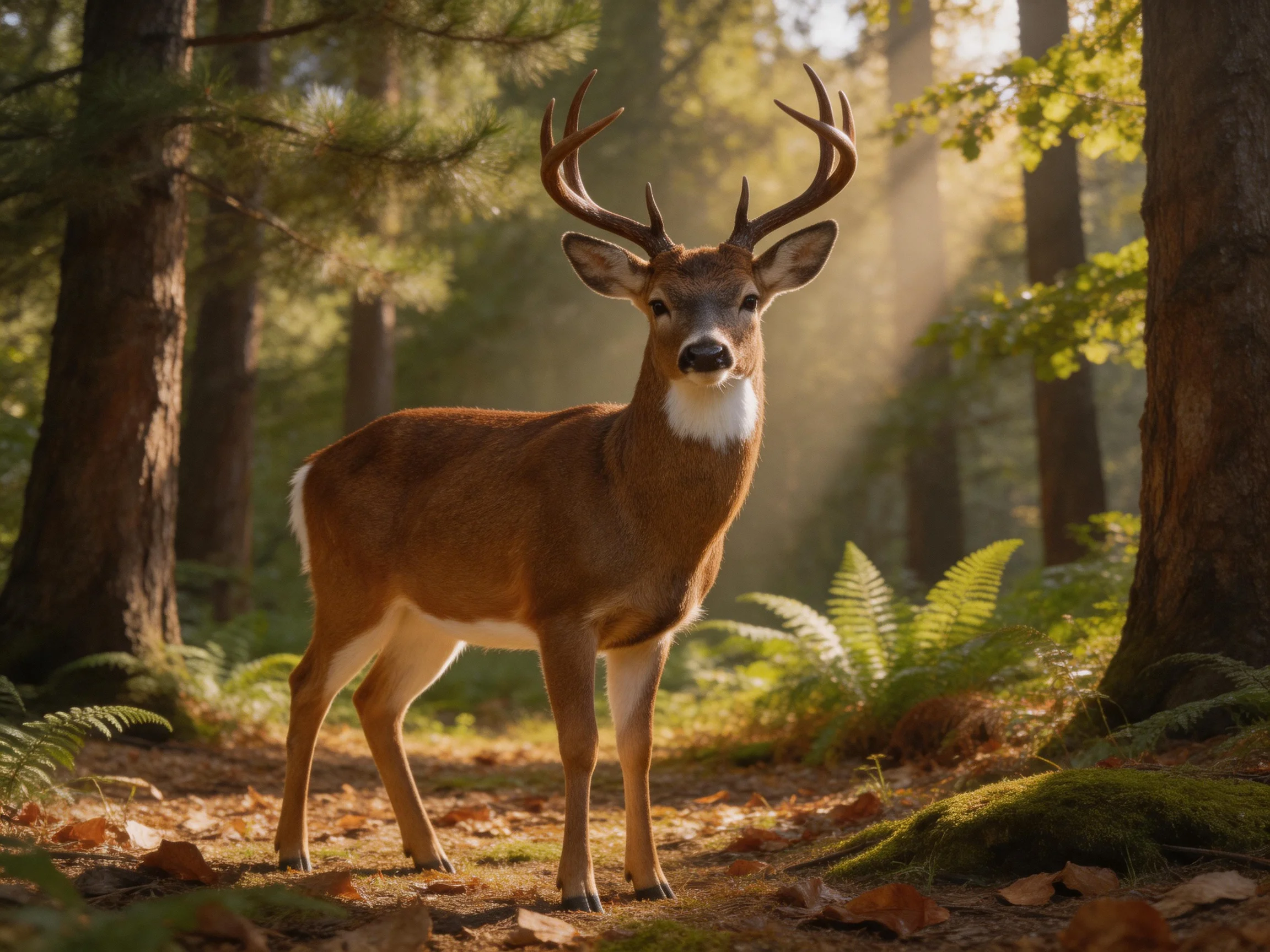A deer with large antlers in a sunlit forest
