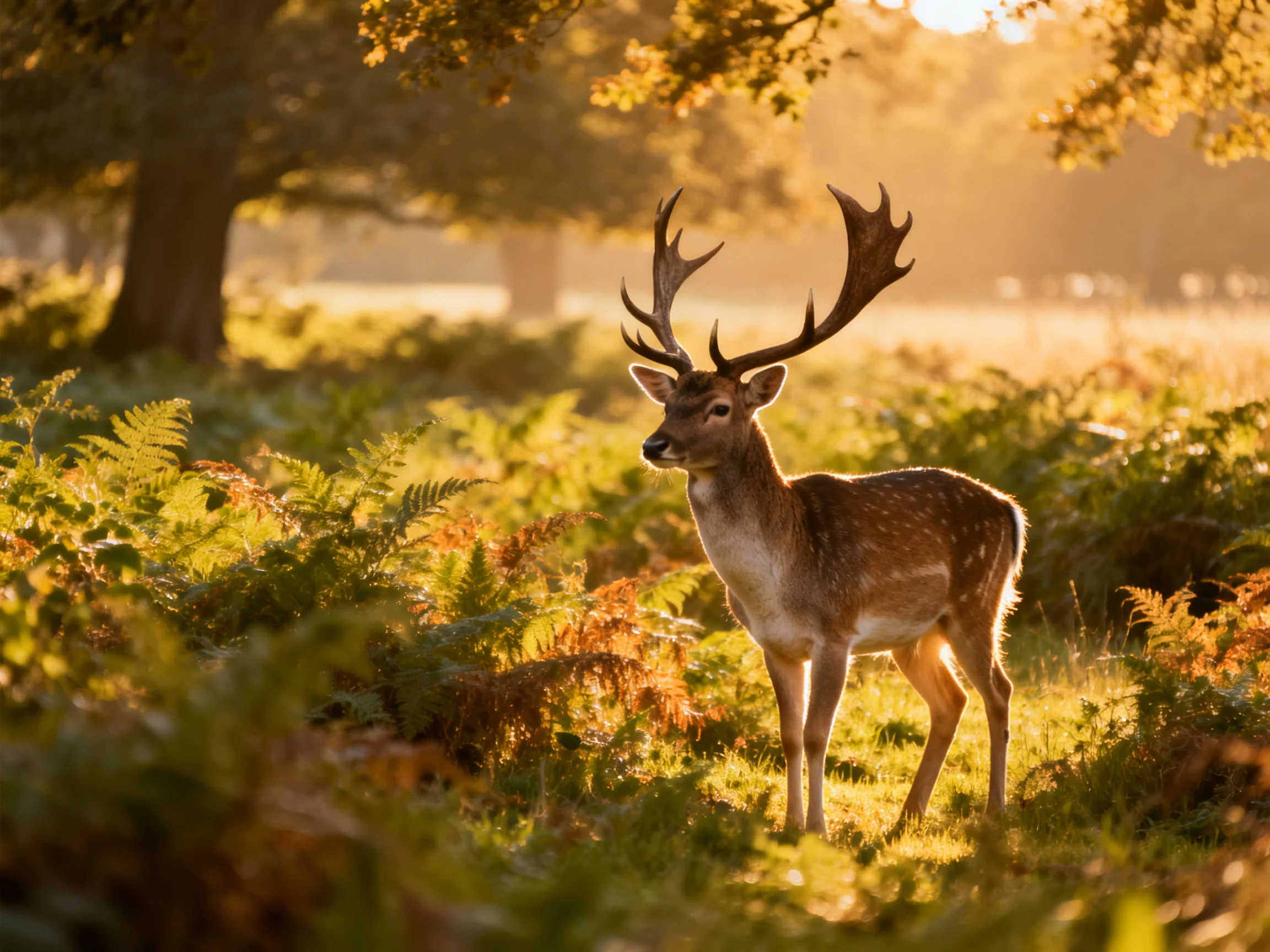 A deer with large antlers stands in a sunlit forest with ferns.