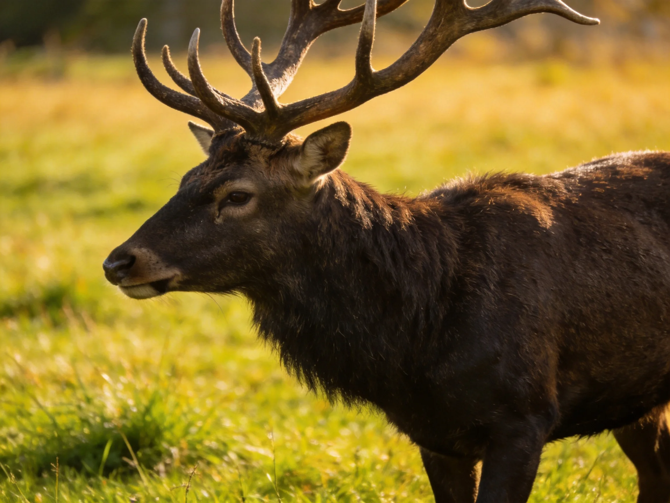 A deer with large antlers stands in a sunlit grassy area.