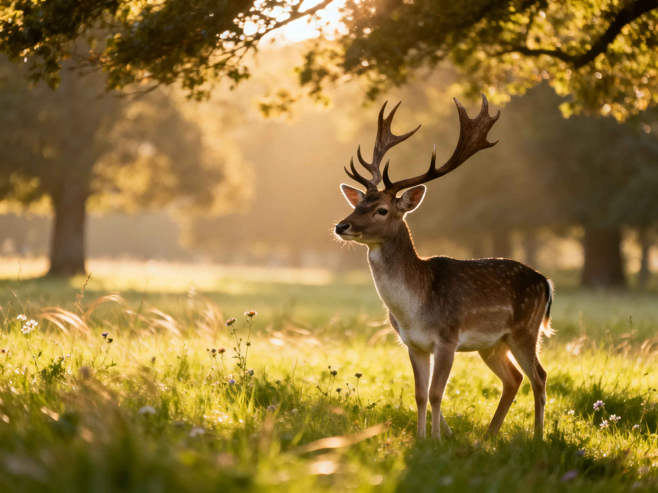 A deer with large antlers in a sunlit green meadow
