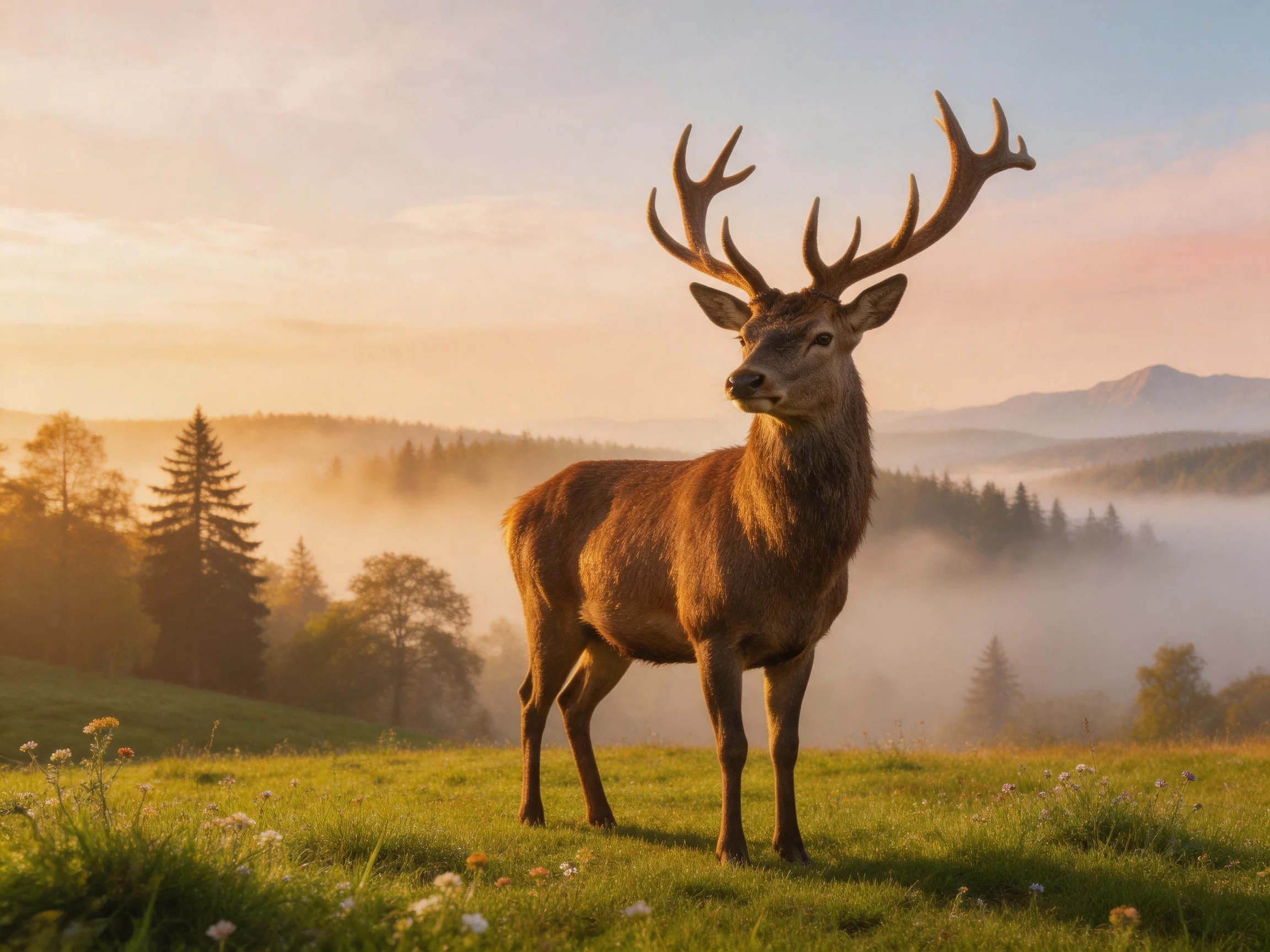 A deer with large antlers stands in a sunlit meadow with misty hills.