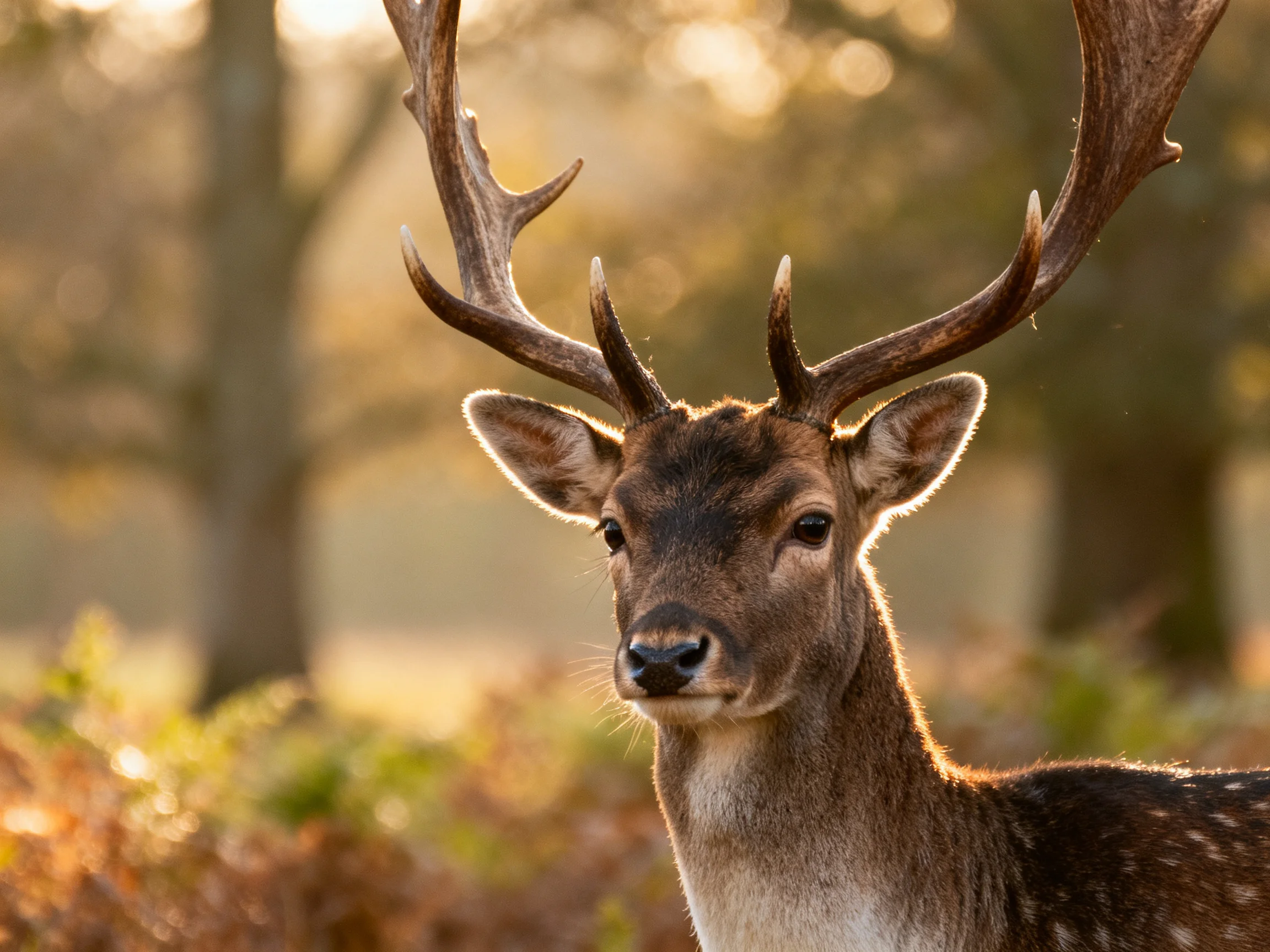 A deer with large antlers in a sunlit woodland
