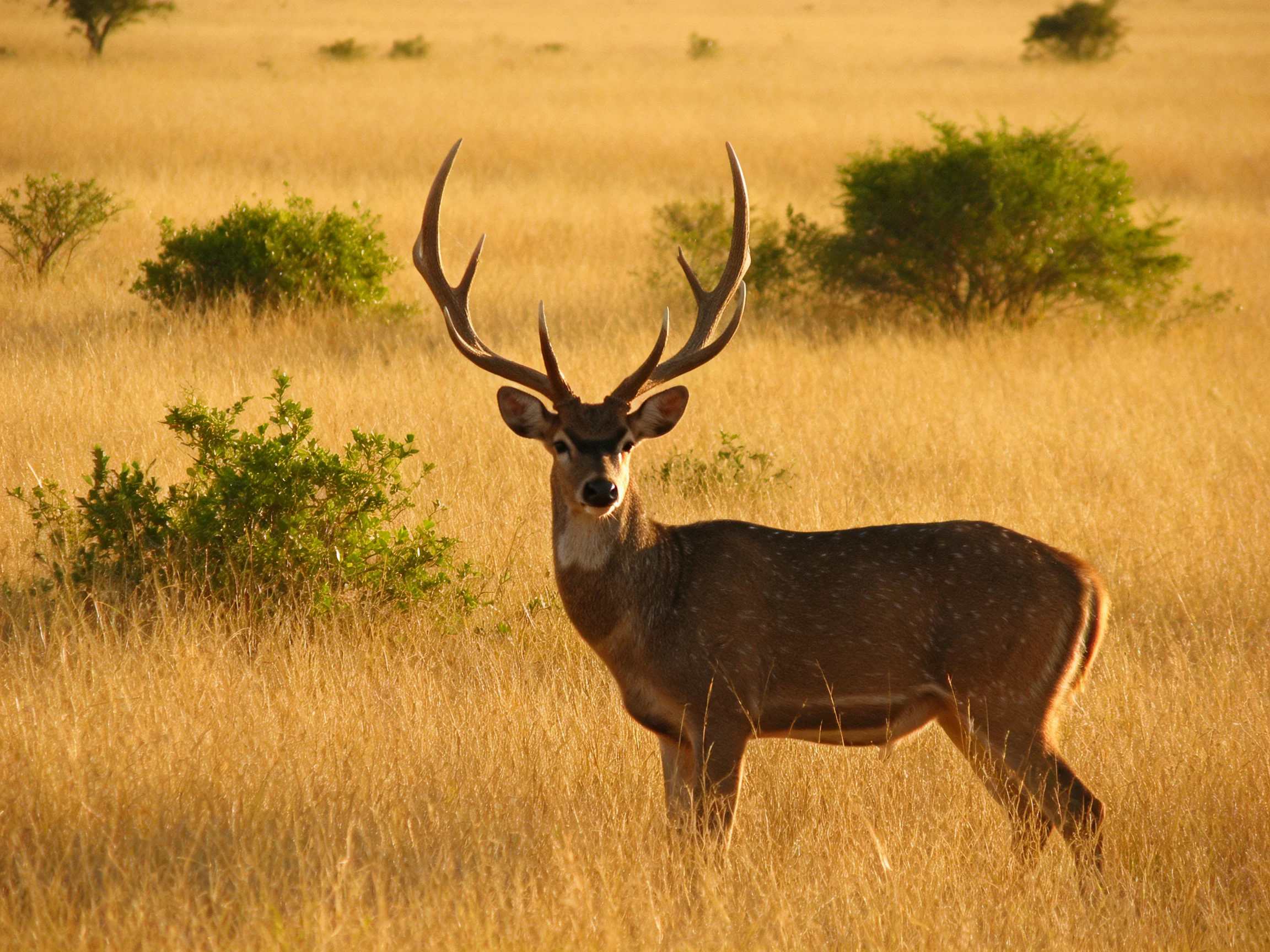 A deer with large antlers in golden grassland