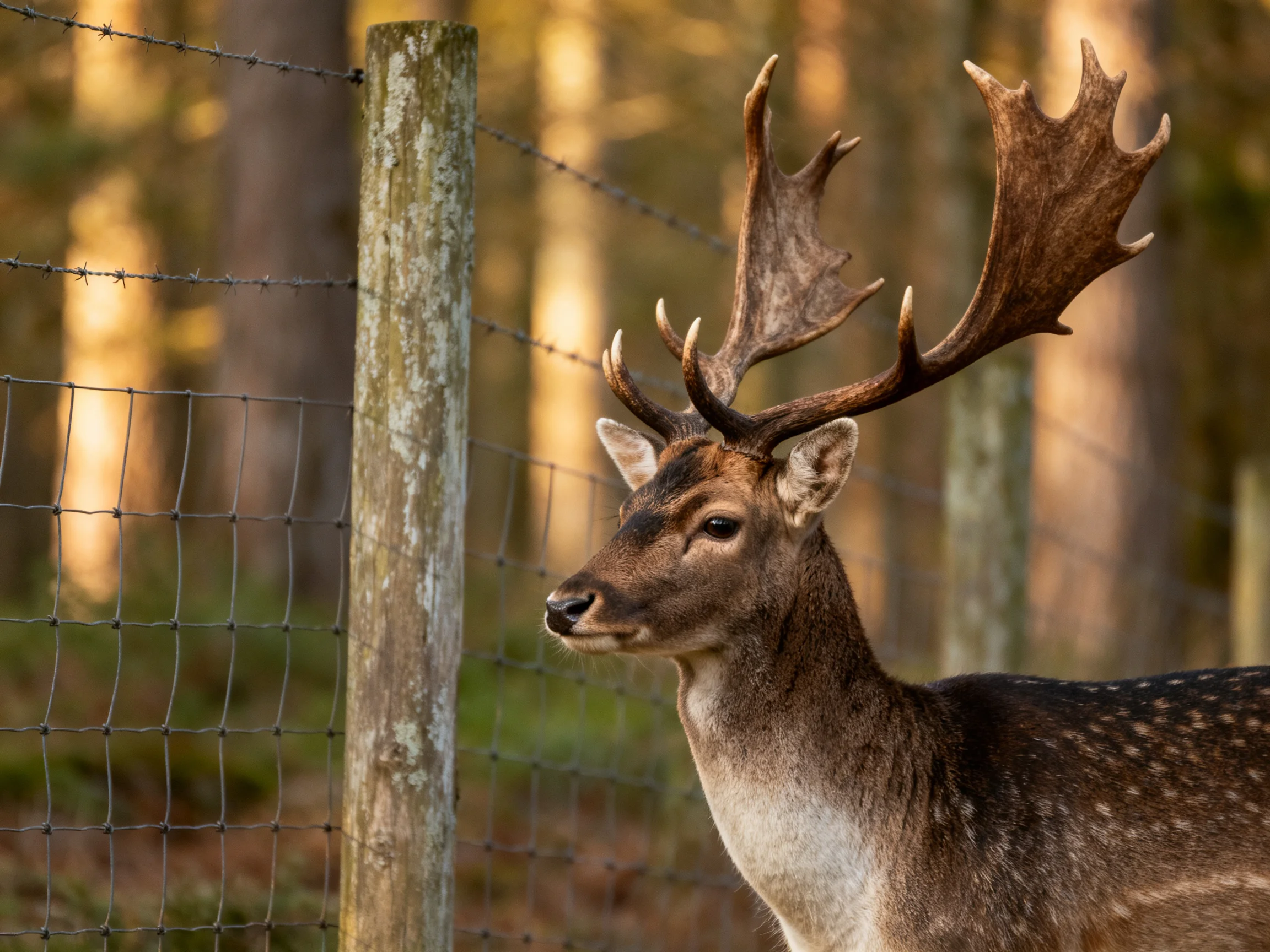A deer with large antlers stands beside a wire fence in a forest.