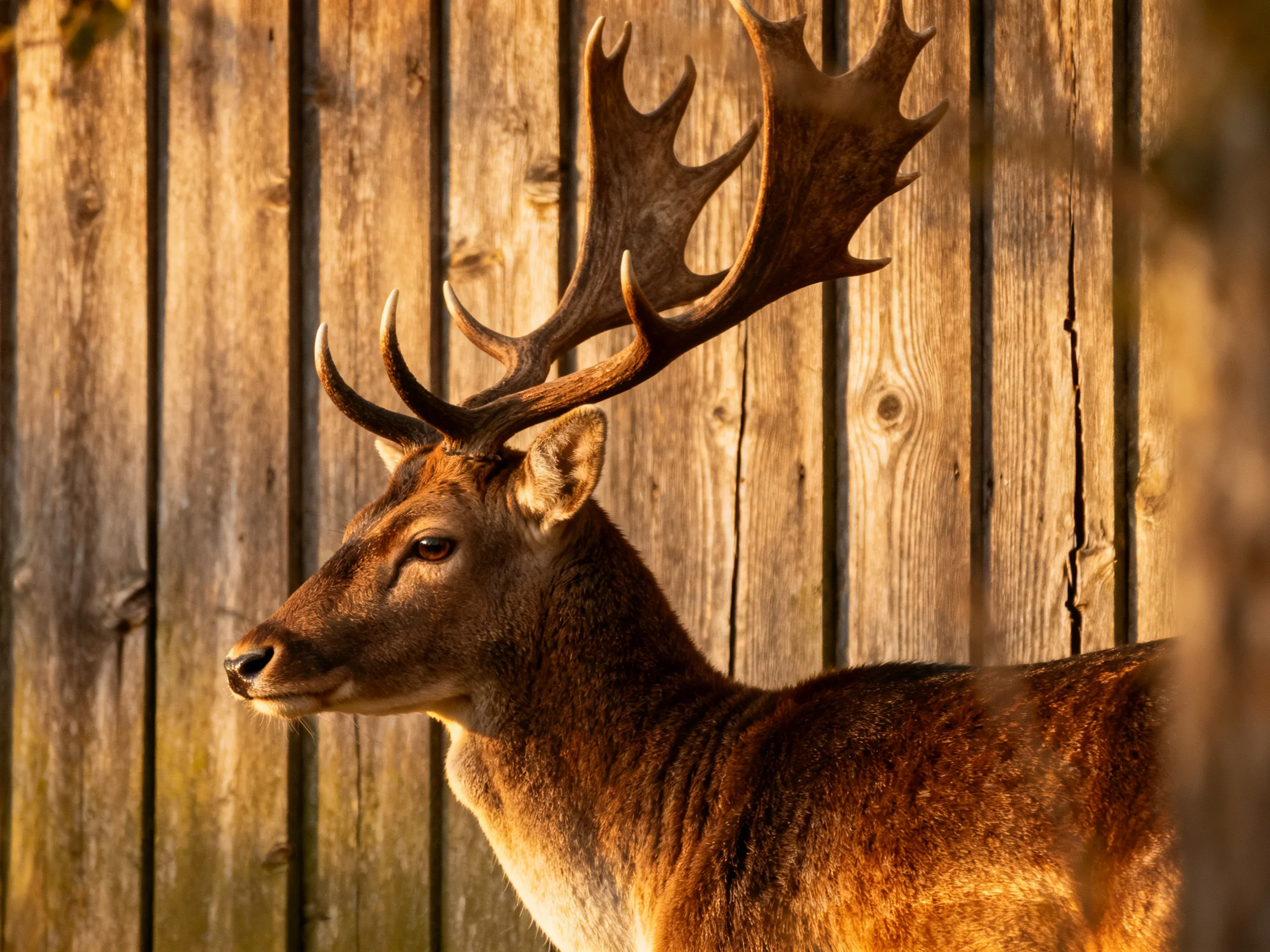 A deer with large antlers near an aged wooden fence