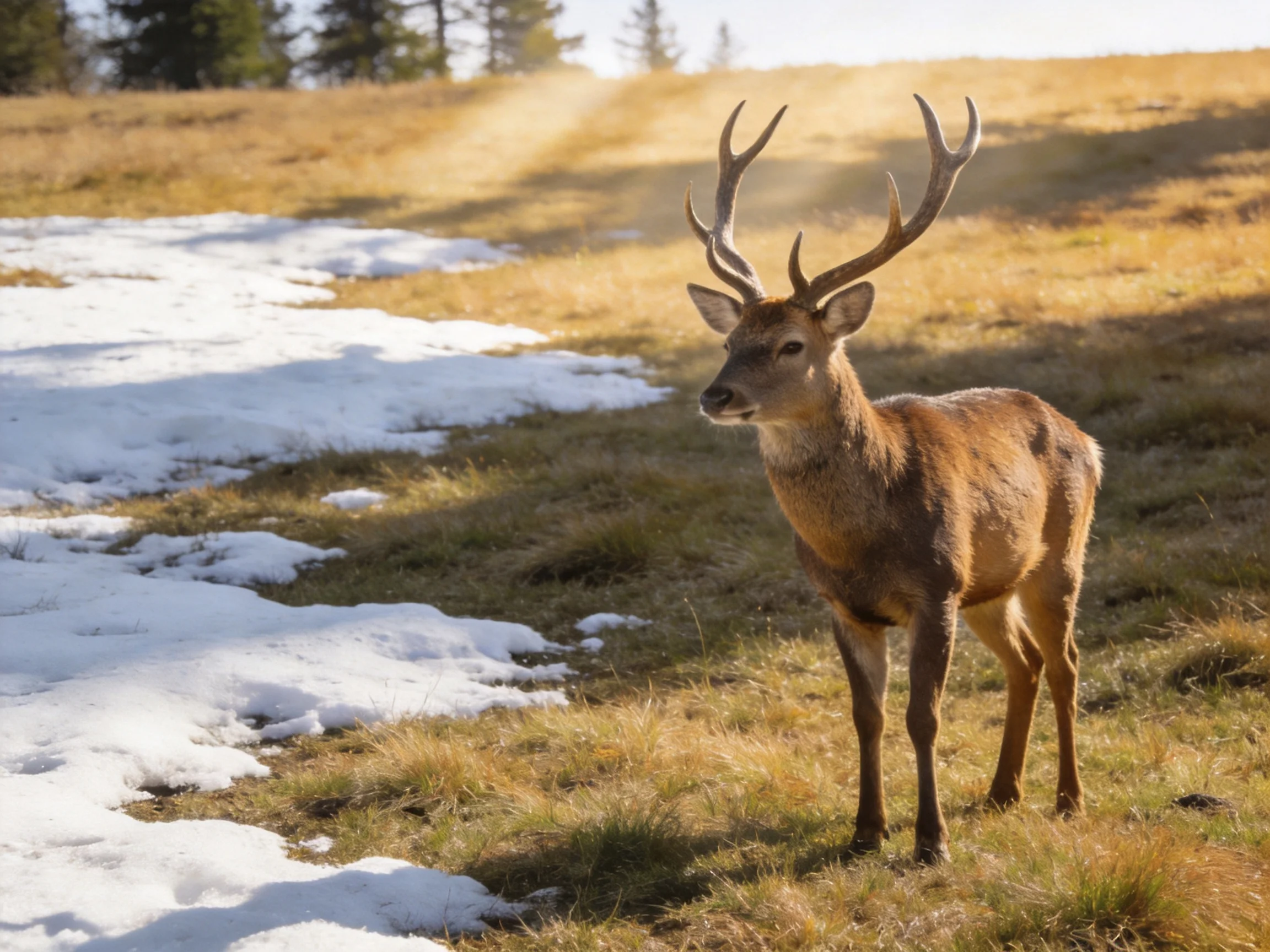 A deer with large antlers near melting snow in a sunlit meadow