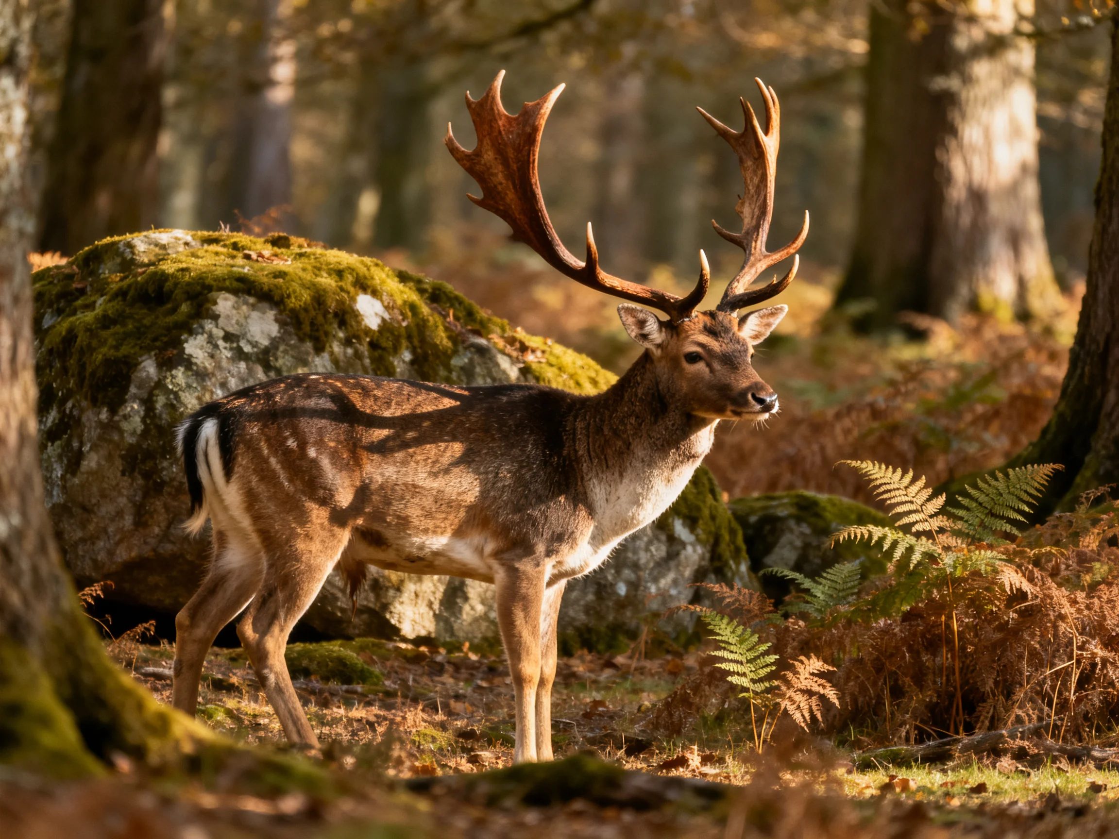 A deer with large antlers near moss-covered rocks in a sunlit forest