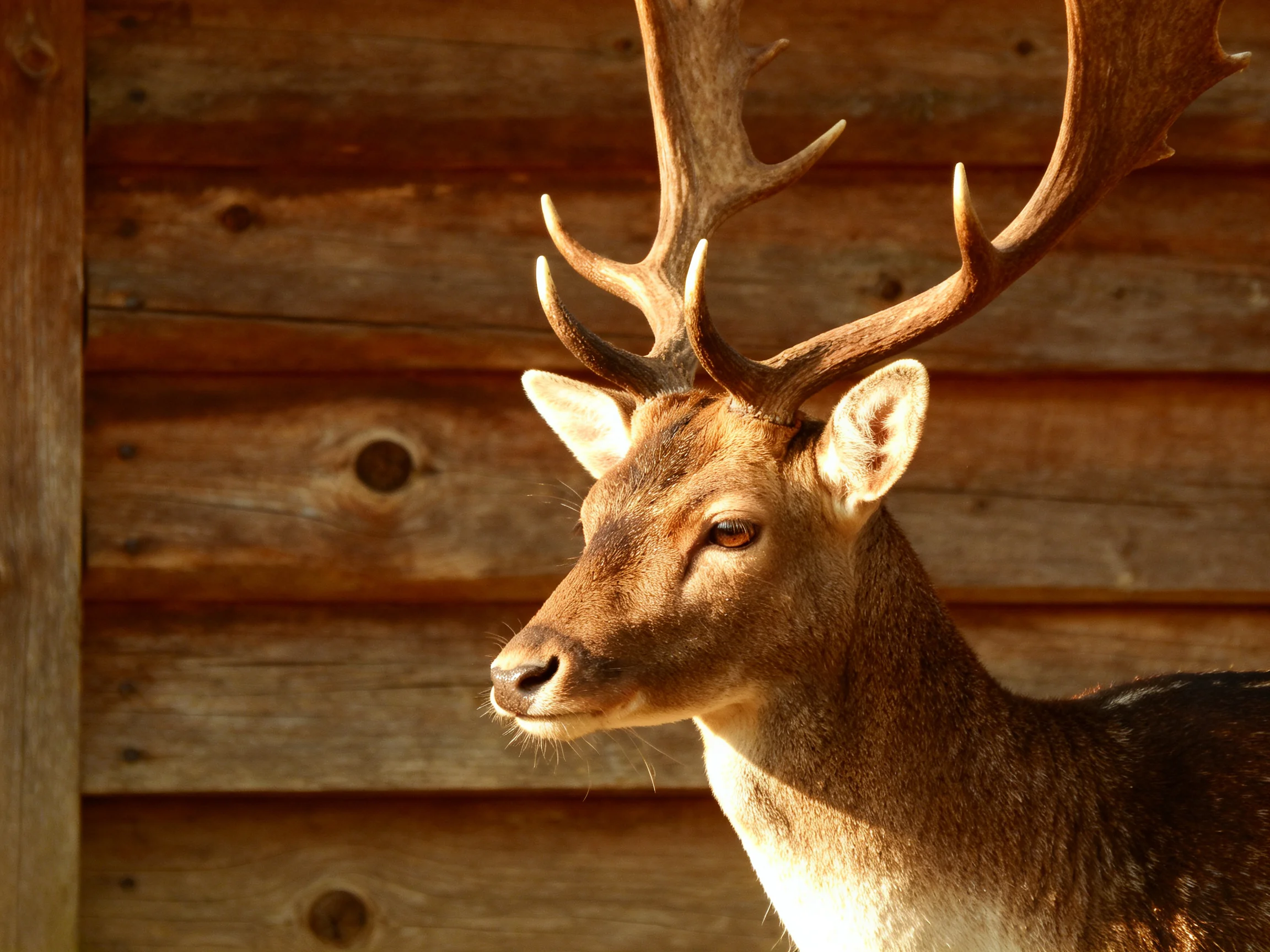 A deer with large antlers near weathered wooden walls