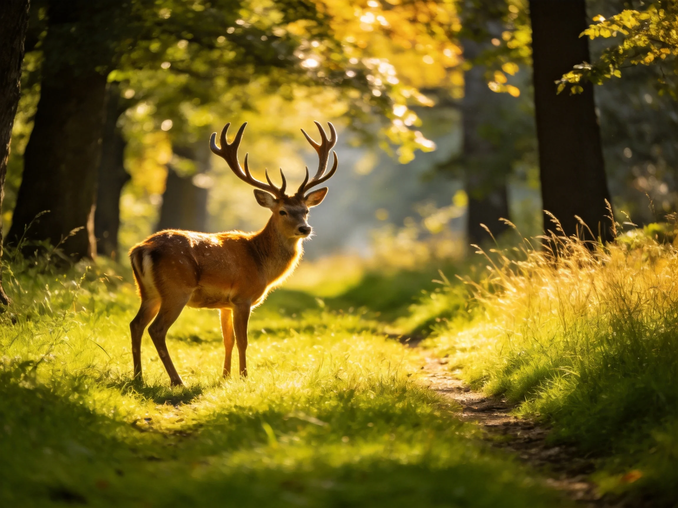 A deer with large antlers stands on a sunlit forest path.
