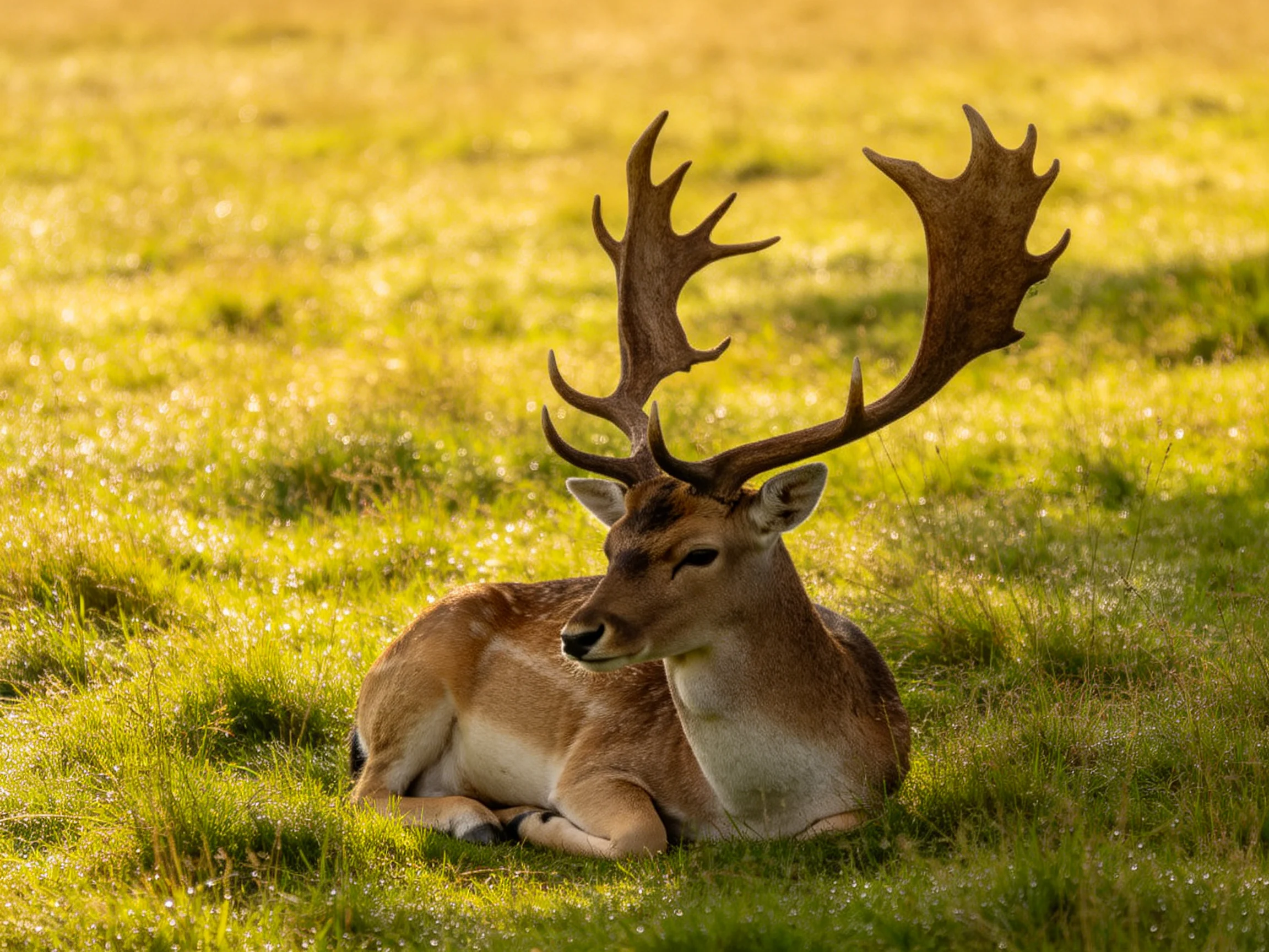 A deer with large antlers resting on sunlit green grass
