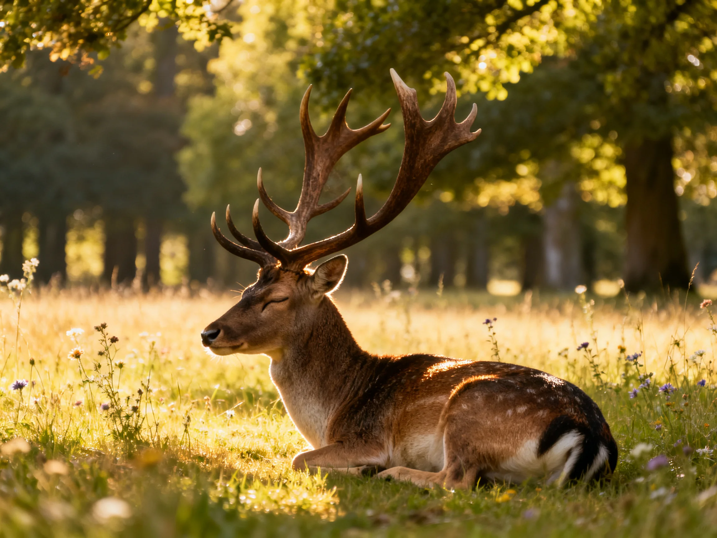 A deer with large antlers rests peacefully in a sunlit forest meadow.