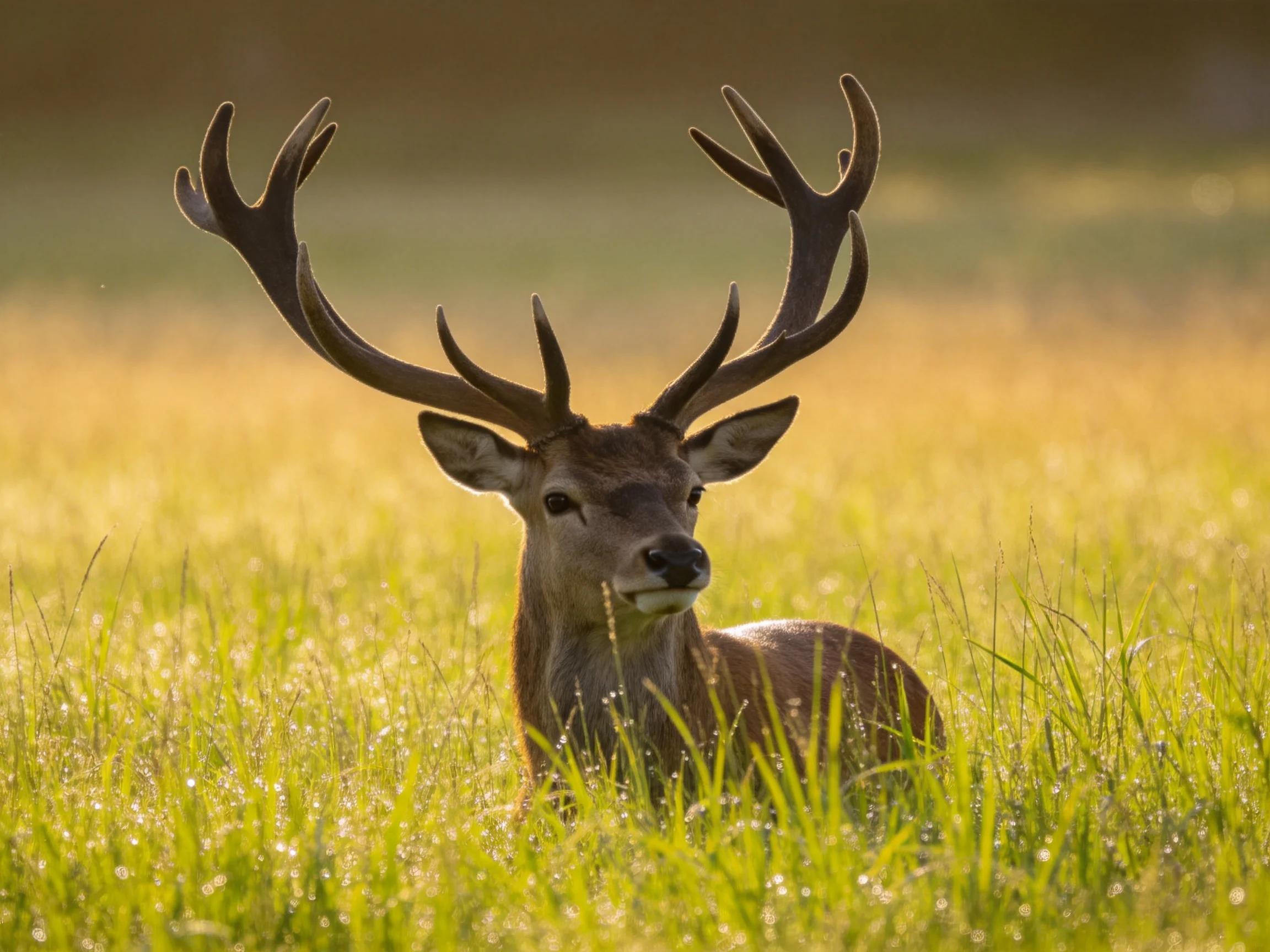 A deer with large antlers rests in a sunlit green meadow