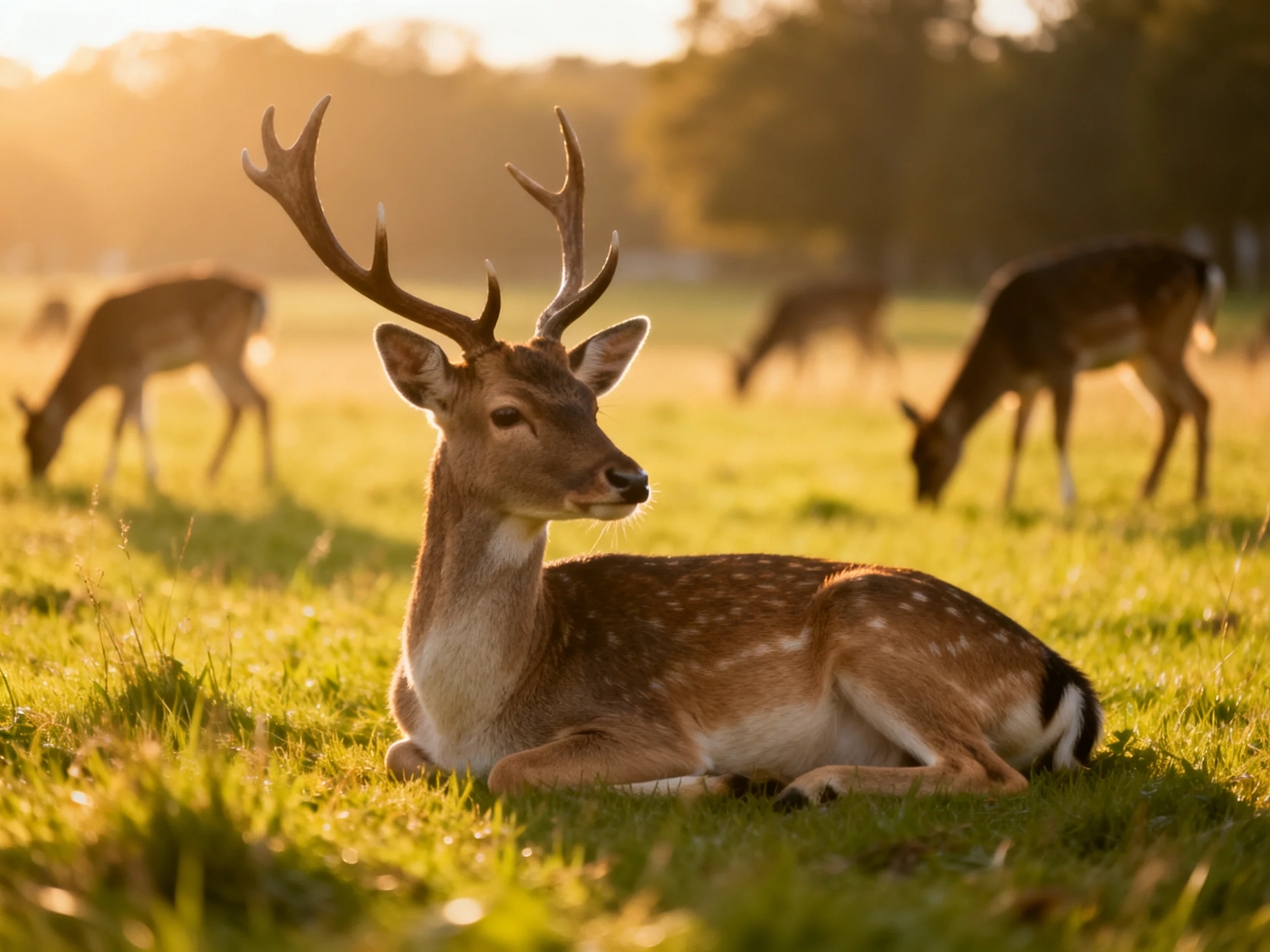 A deer with large antlers rests in a sunlit meadow with grazing companions