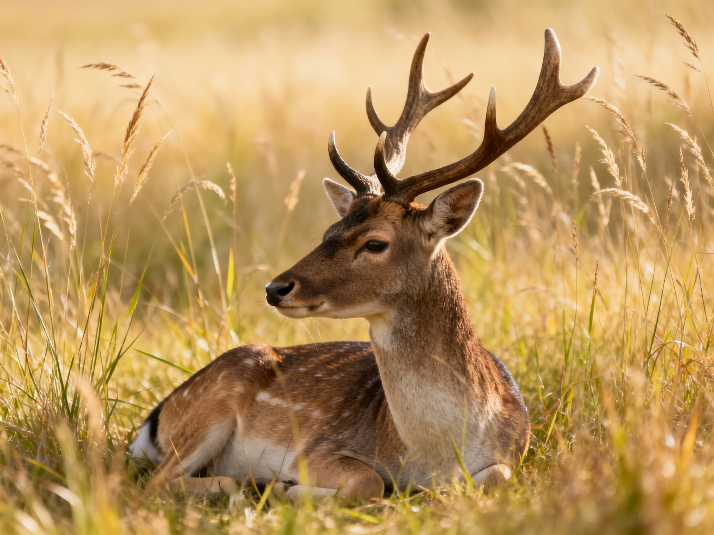 A deer with large antlers rests in golden tall grass