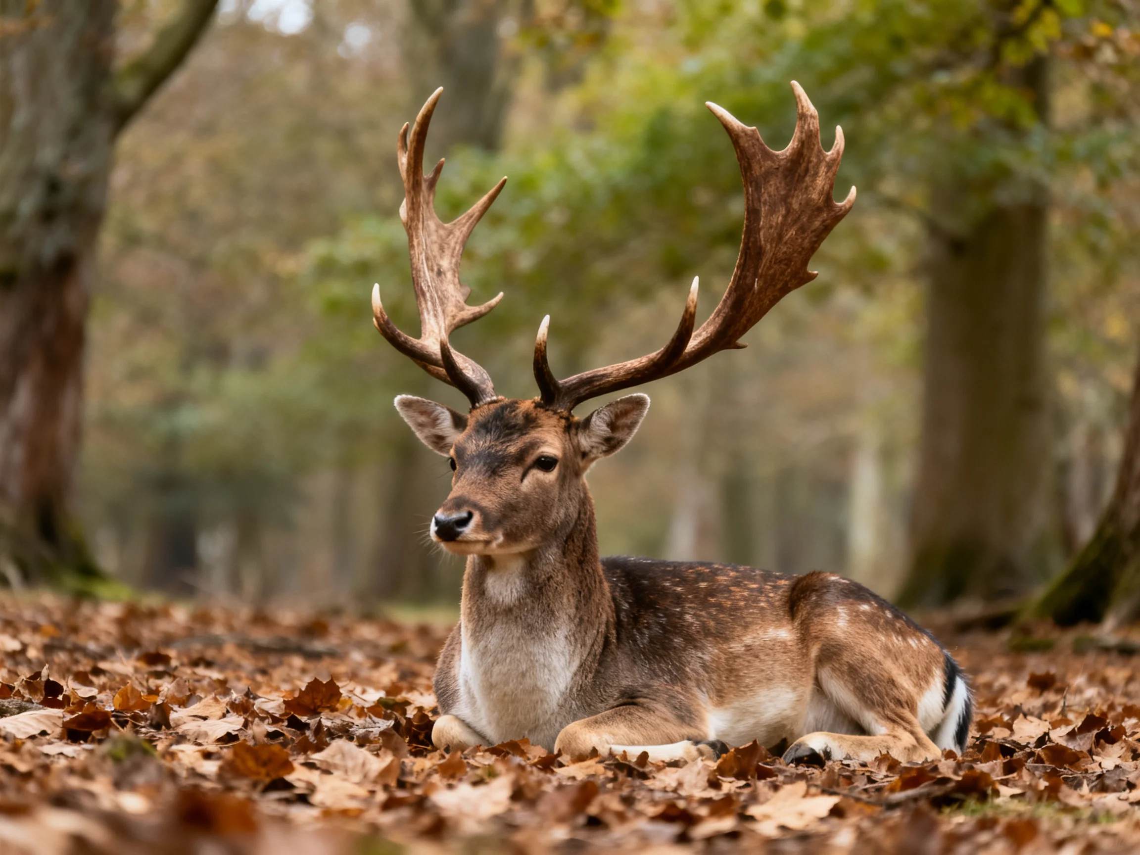 A deer with large antlers relaxes on leaves in a forest