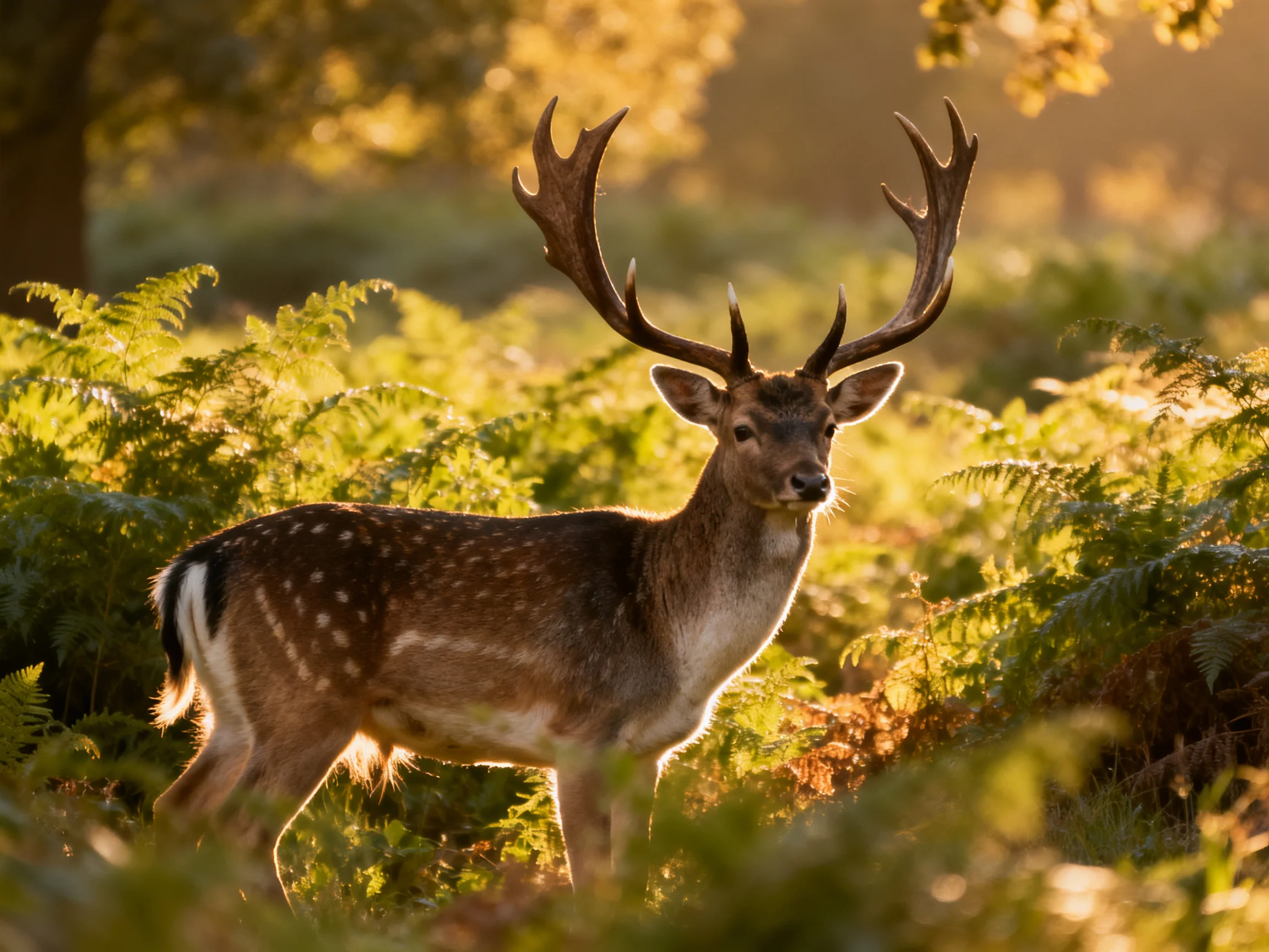 A deer with large antlers stands amid lush green ferns in golden sunlight