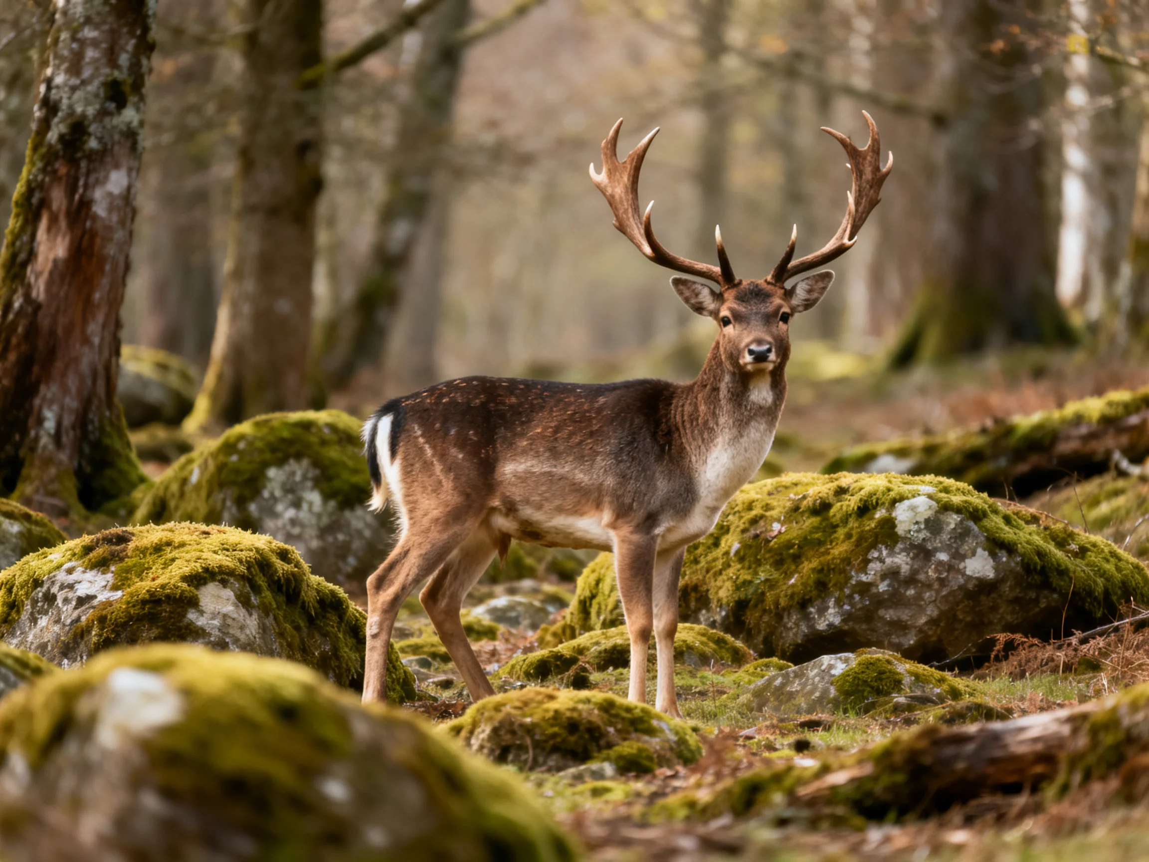 A deer with large antlers stands among mossy rocks in a forest.