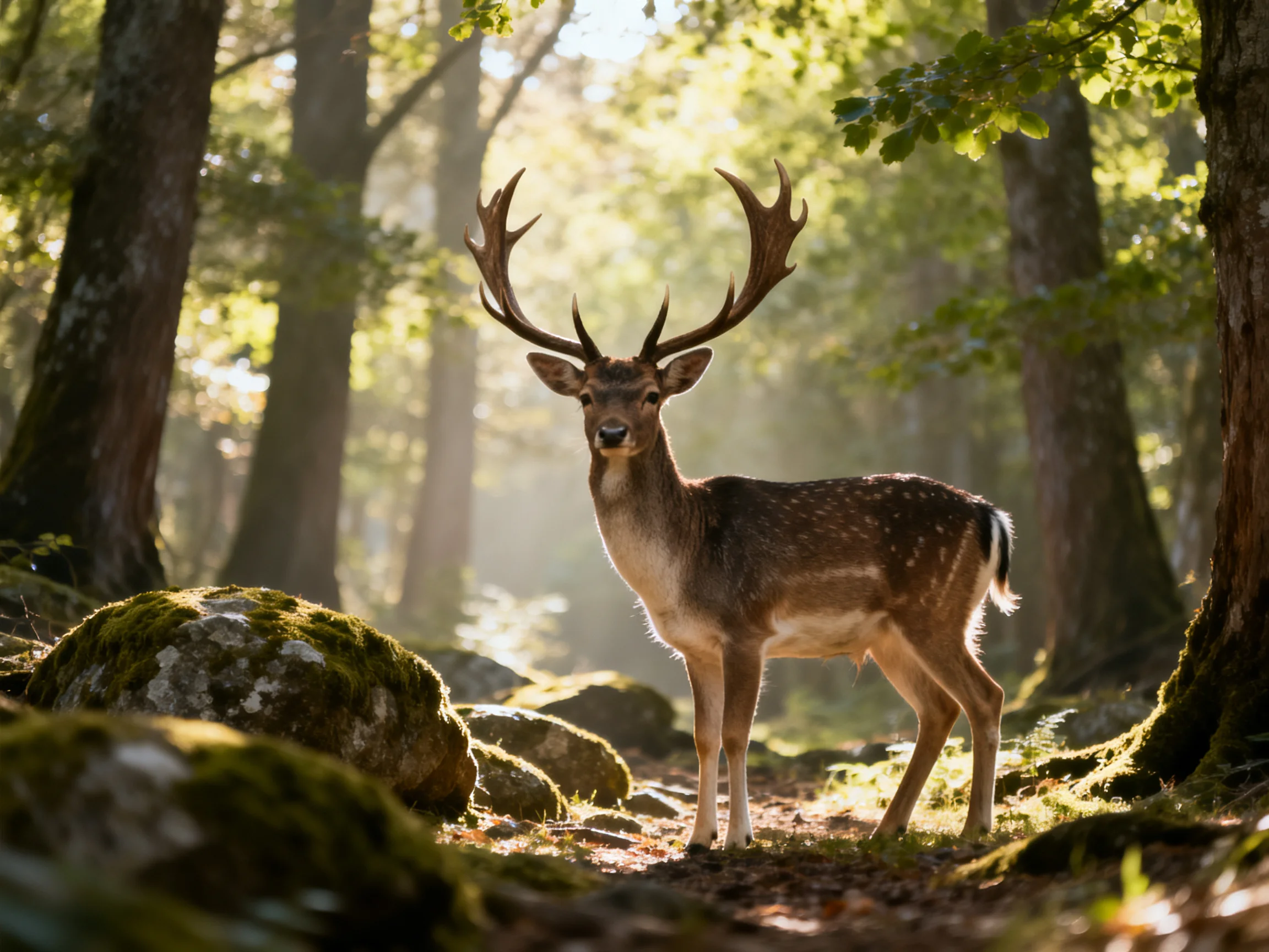 A deer with large antlers stands among mossy rocks in a sunlit forest