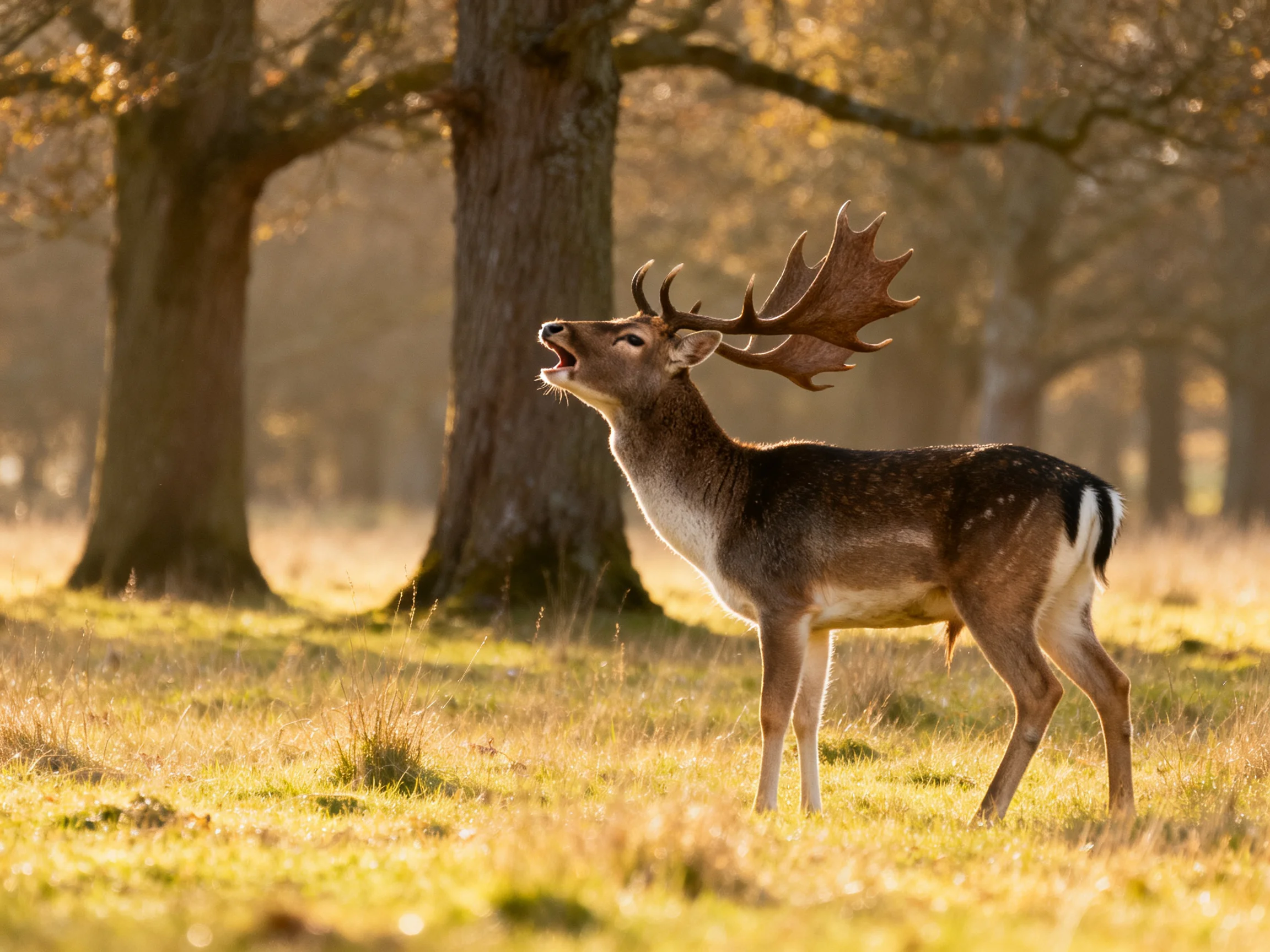 A deer with large antlers stands in a sunlit forest clearing