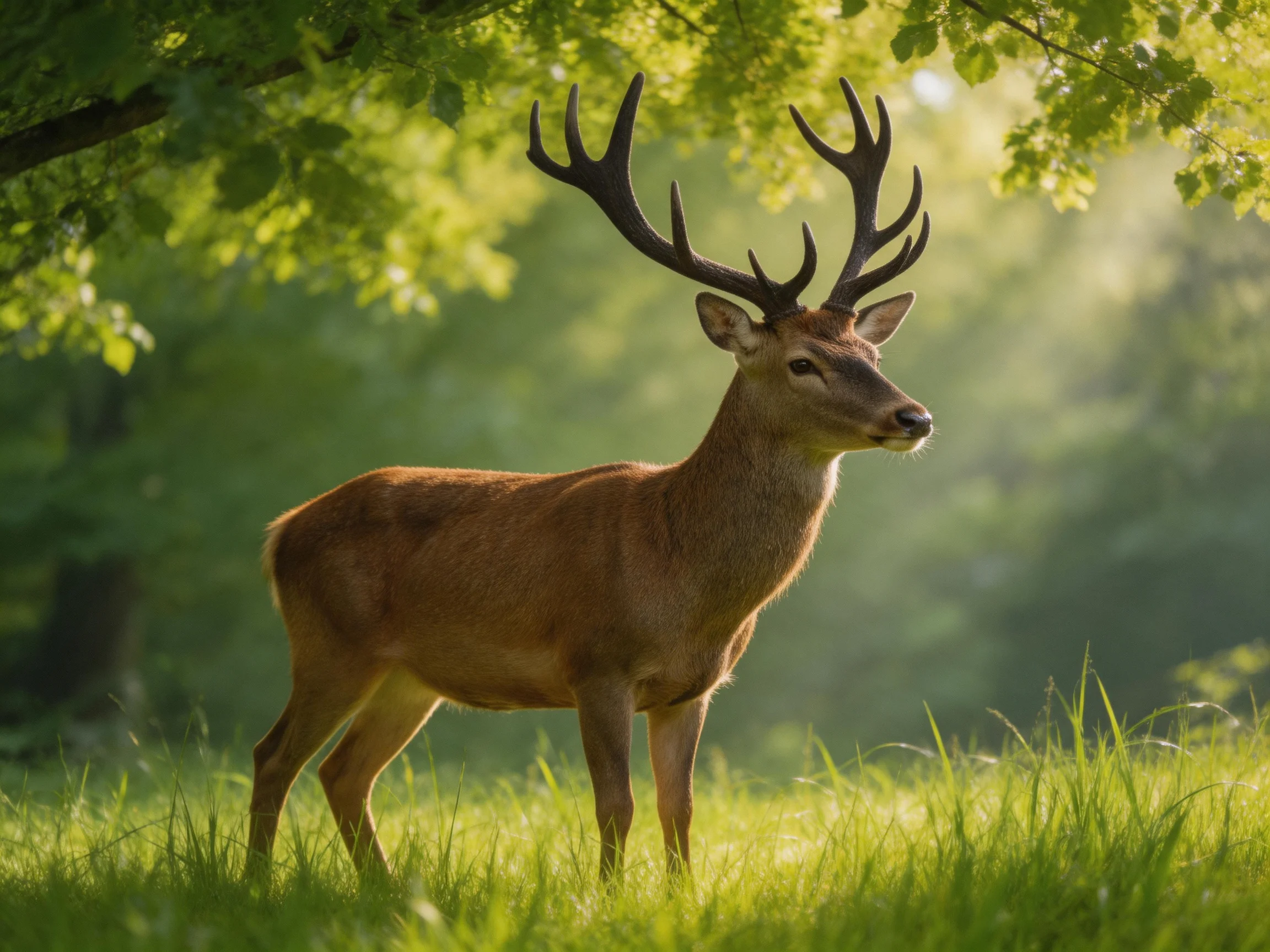 A deer with large antlers stands in a sunlit forest clearing near tall grass.