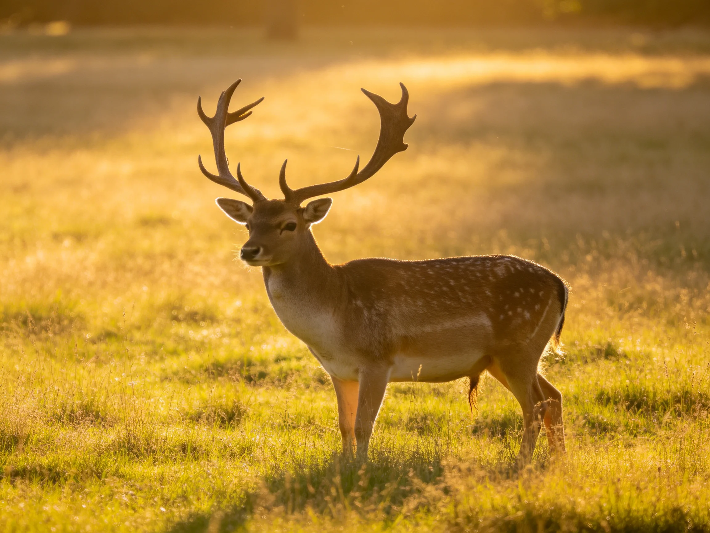 A deer with large antlers stands in a sunlit meadow