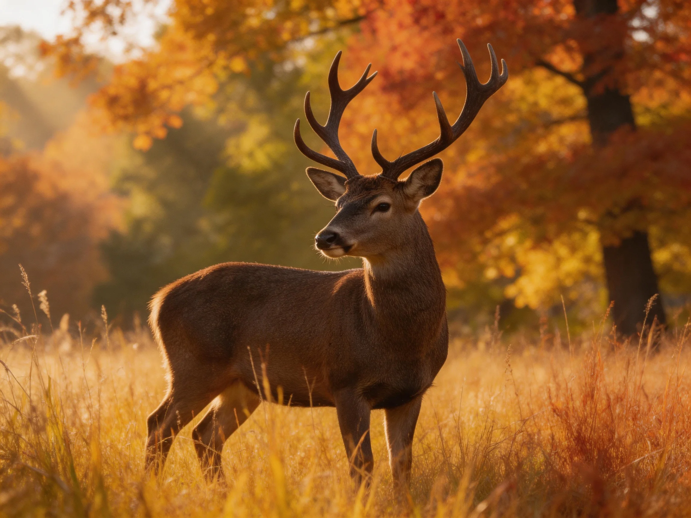 A deer with large antlers stands in a sunlit meadow with autumn trees.