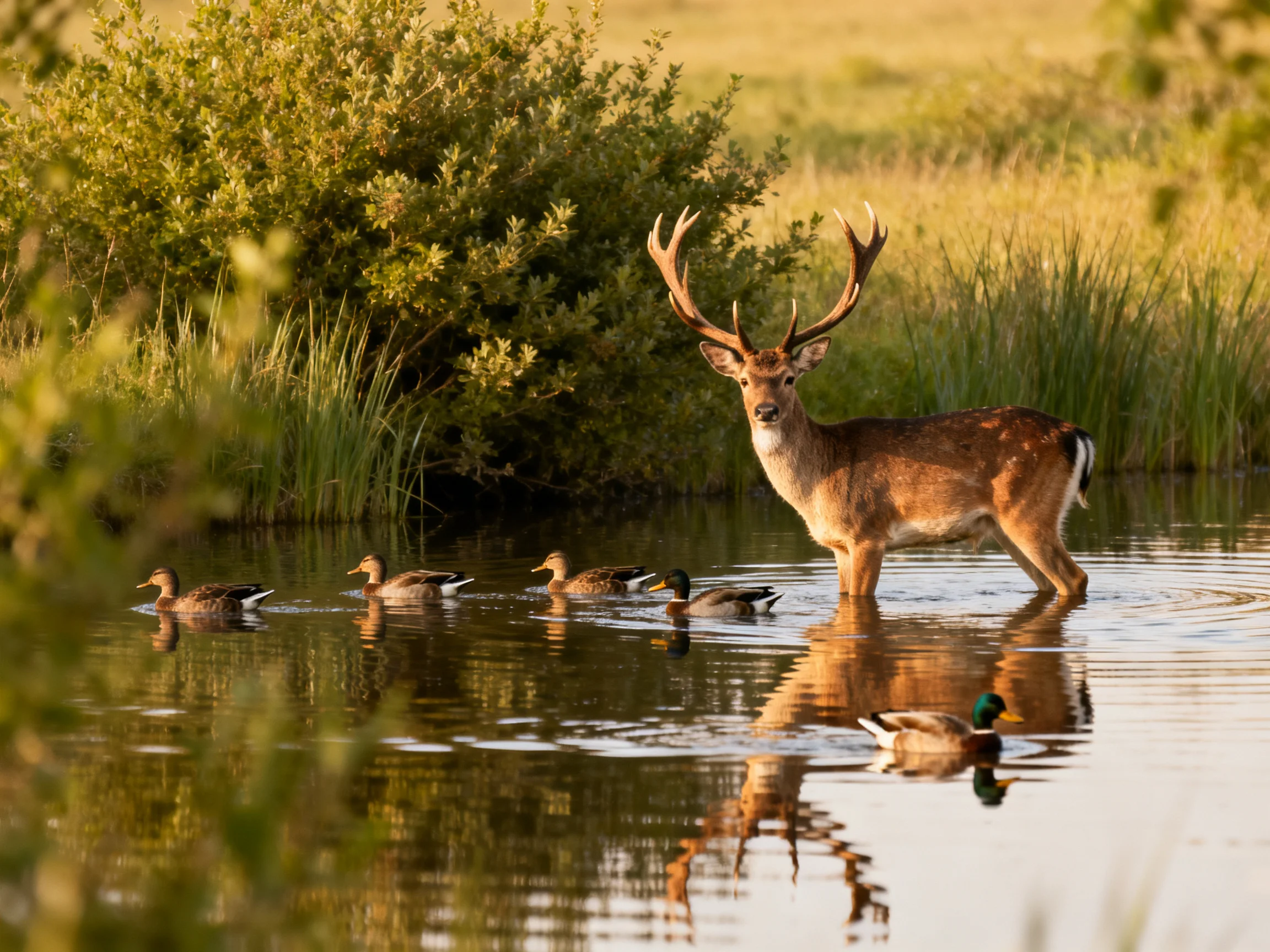 A deer with large antlers stands in shallow water with ducks near greenery