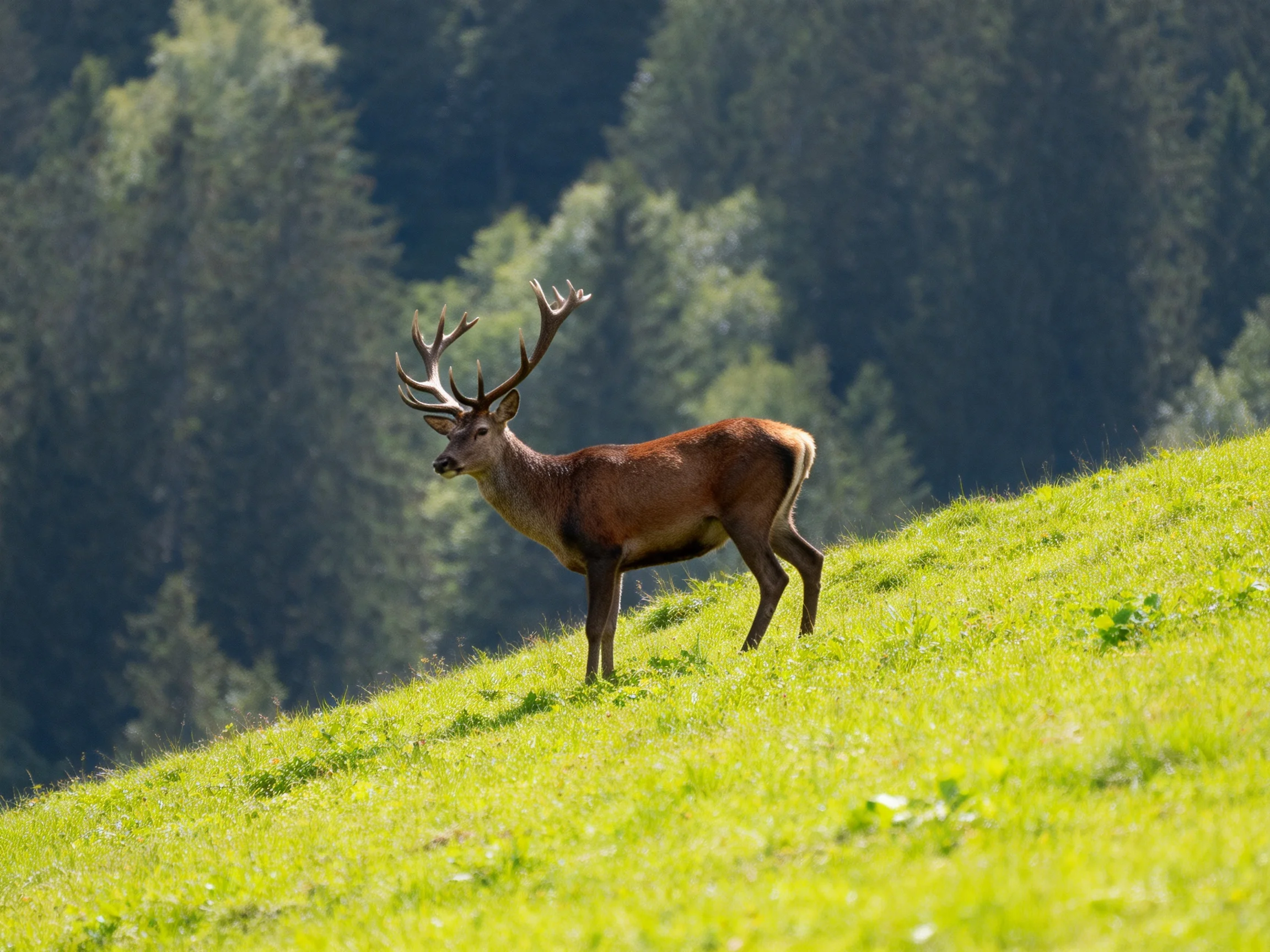 A deer with large antlers stands on a green hillside near a forest.