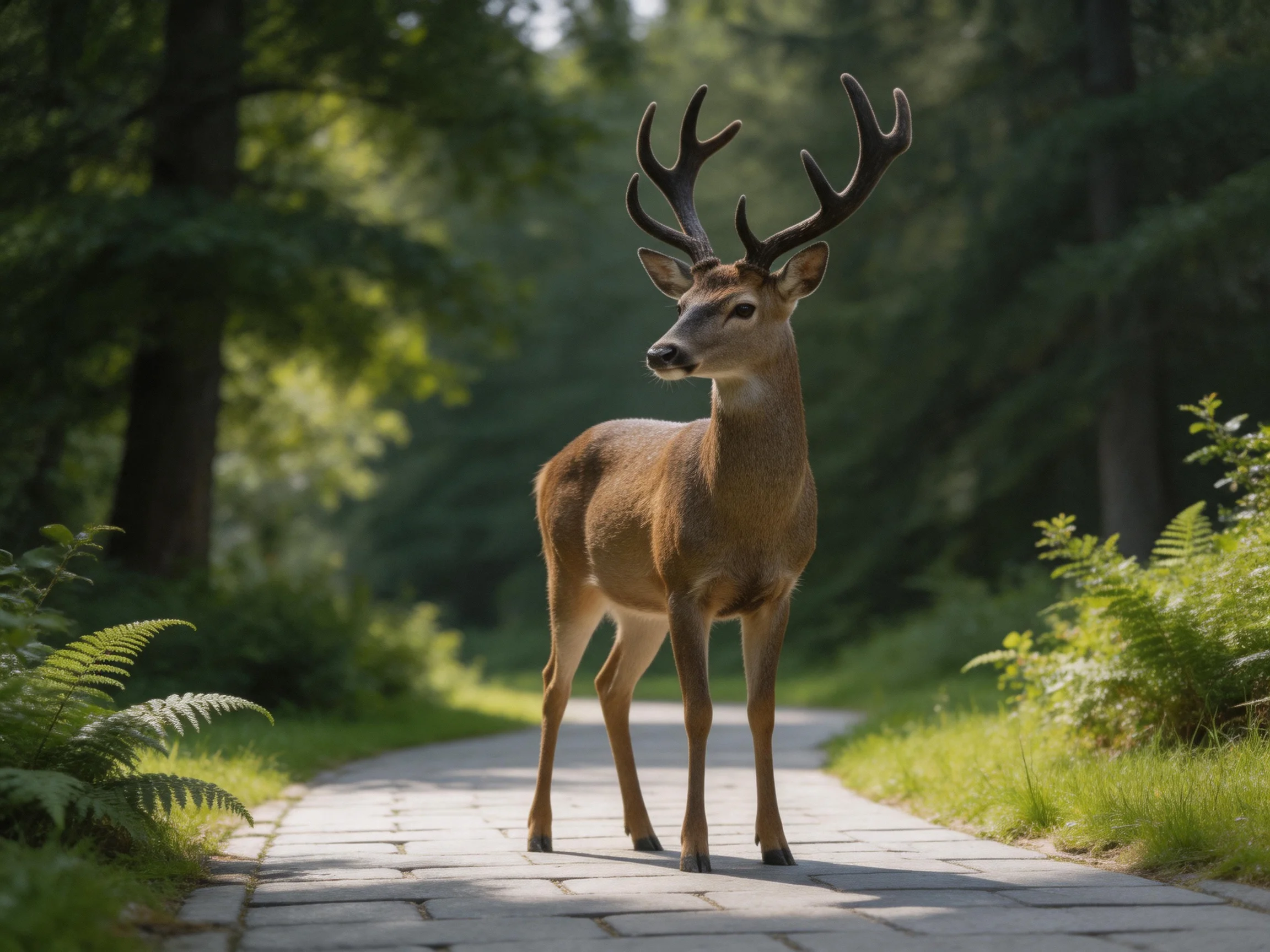 A deer with large antlers stands on a stone path surrounded by lush greenery