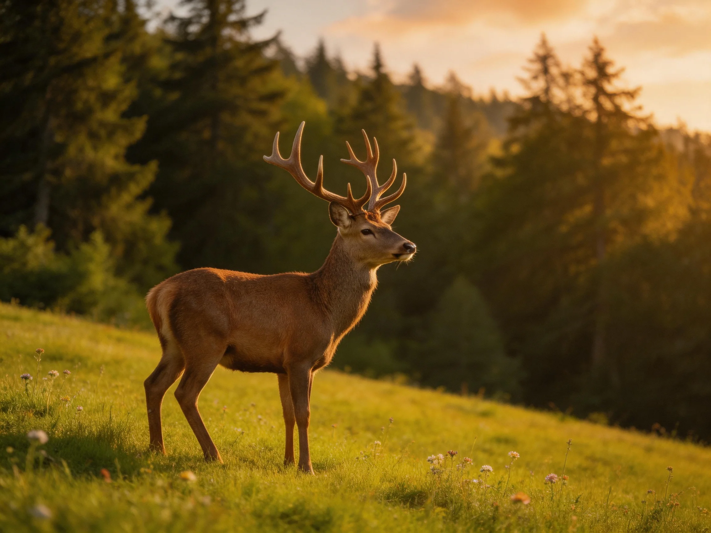 A deer with large antlers stands on a sunlit meadow near forested hills
